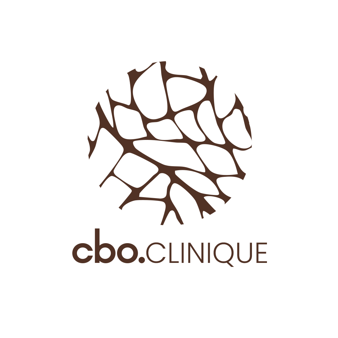 Logo avec un motif de structure osseuse ou réseau en couleur marron et le texte "cbo.CLINIQUE" en dessous.