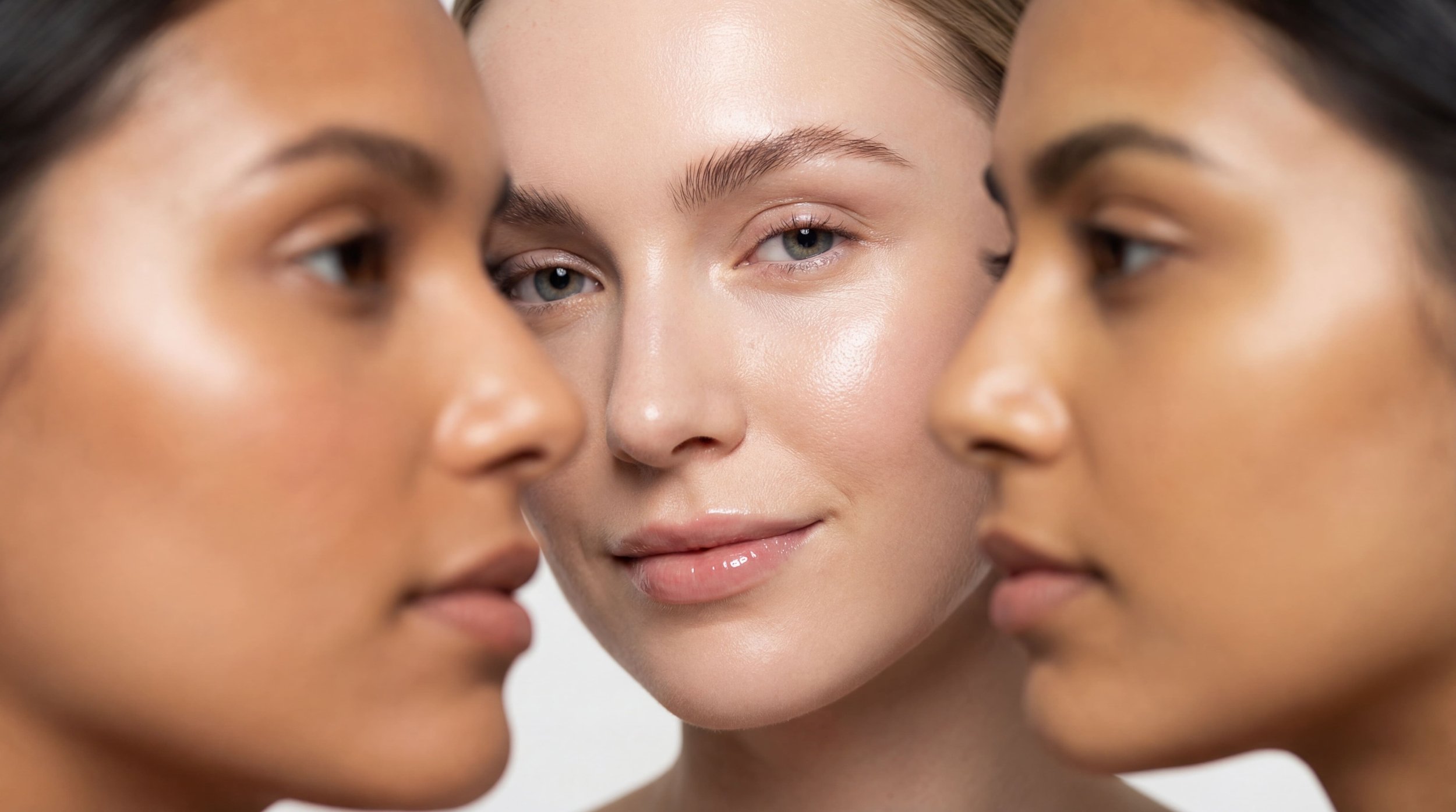Trois femmes avec peau claire, rapprochées, regardant vers l'appareil, en gros plan, mettant en valeur leur peau et leurs traits.