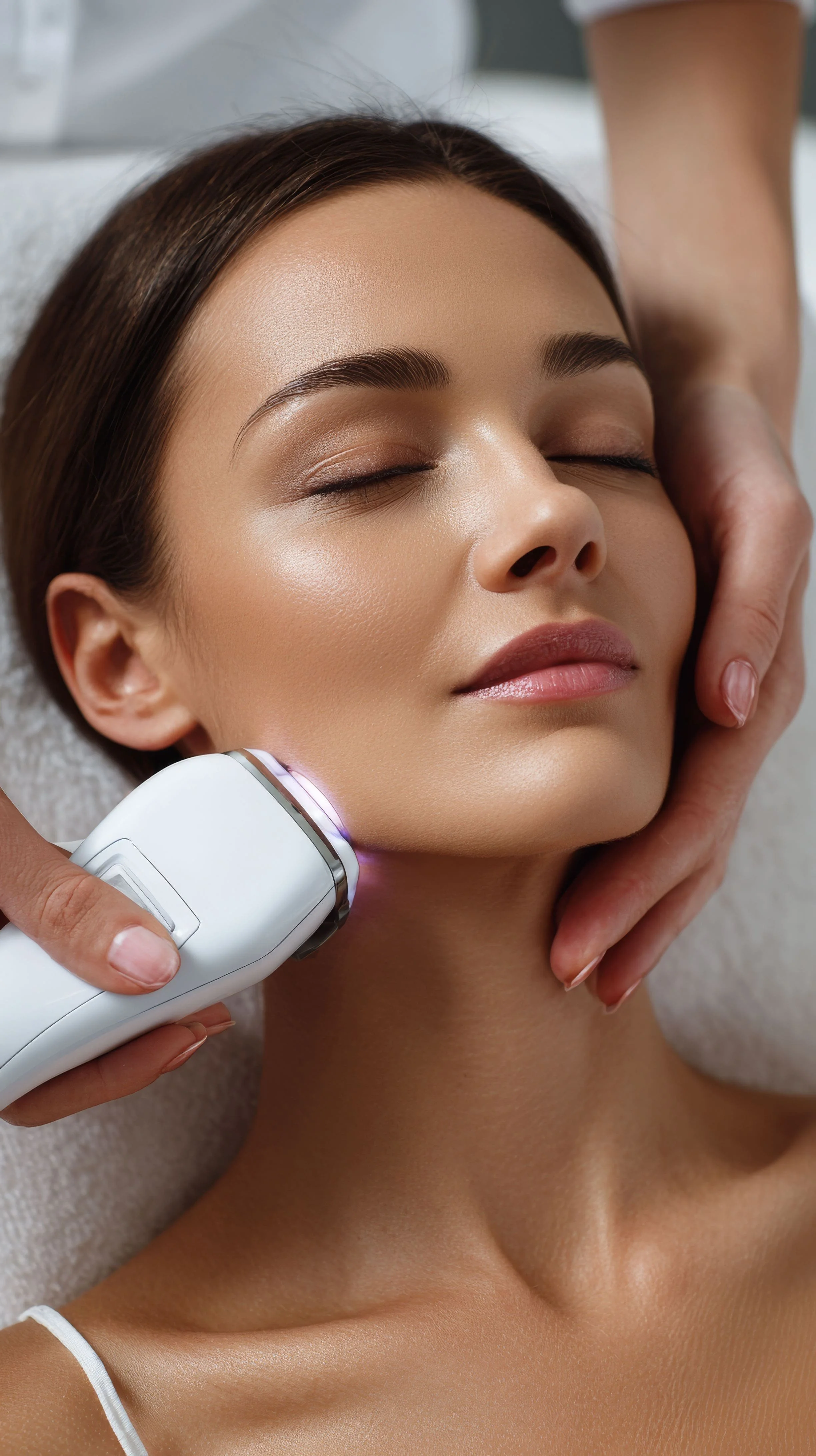 Une femme reçoit un traitement de soin du visage avec un appareil technologique par un professionnel dans un spa ou une clinique de beauté.