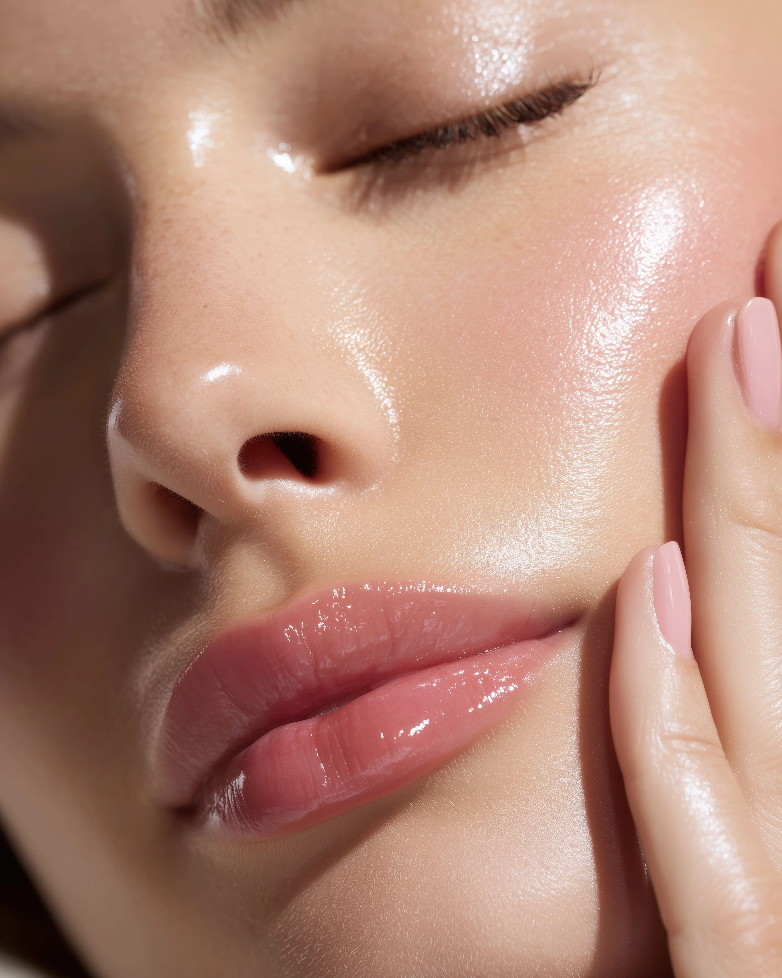 Un gros plan d'une femme avec la peau lumineuse, les lèvres lips lips, et le doigt touchant la joue.