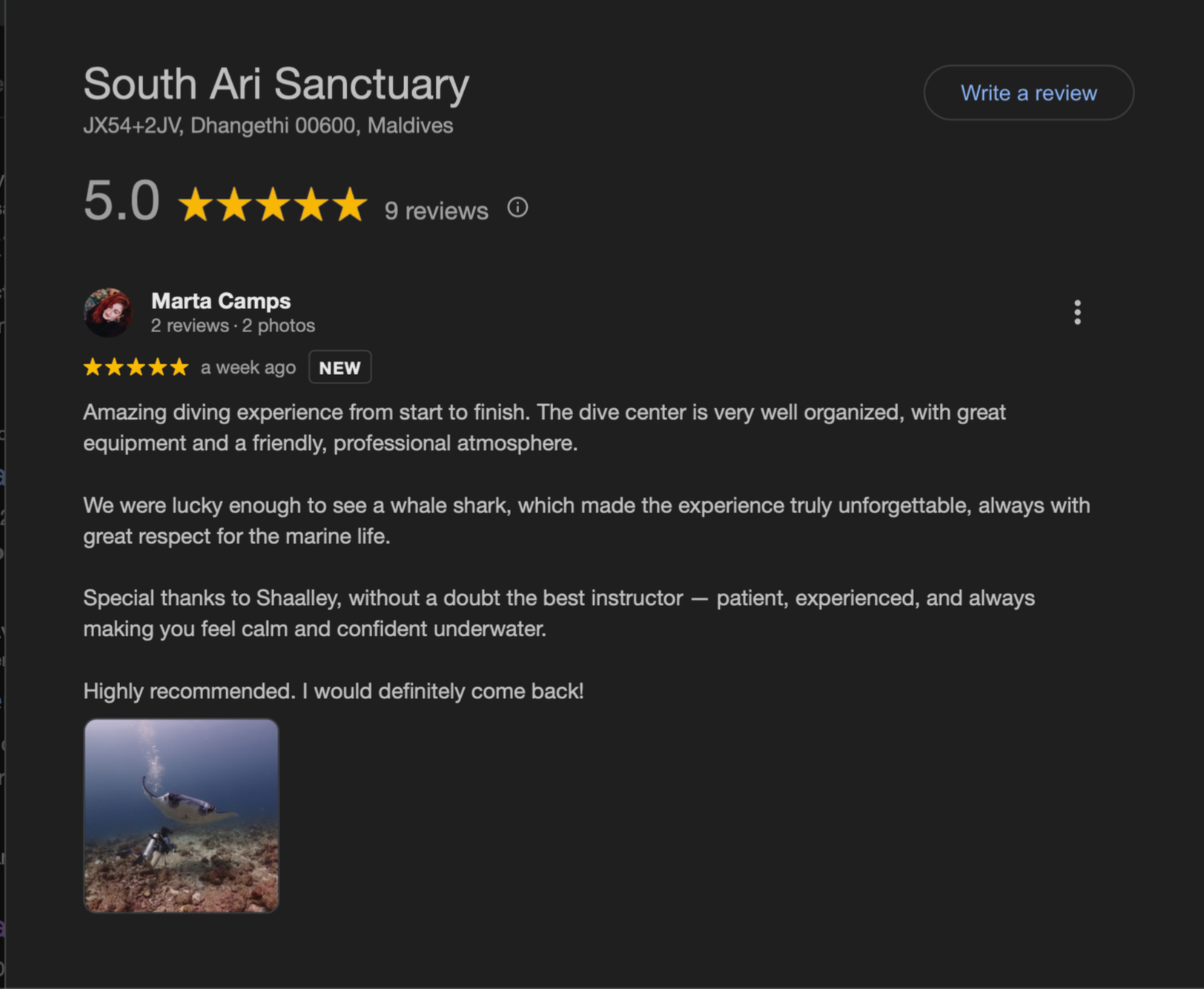 Online review page for South Ari Sanctuary in the Maldives, featuring a five-star rating, two reviews, and a photo of a shark swimming near the ocean floor.