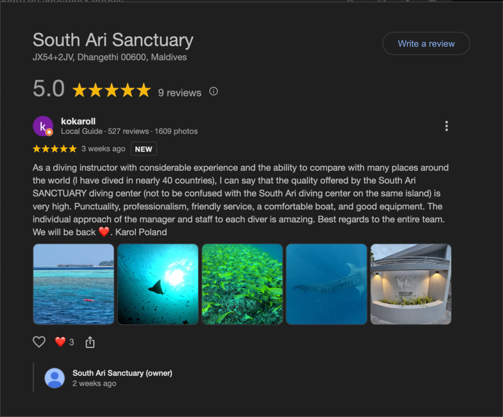 Screenshot of South Ari Sanctuary Google review page showing 5-star rating, 9 reviews, and 5 photos of the Maldives, underwater scenes, and the sanctuary entrance.