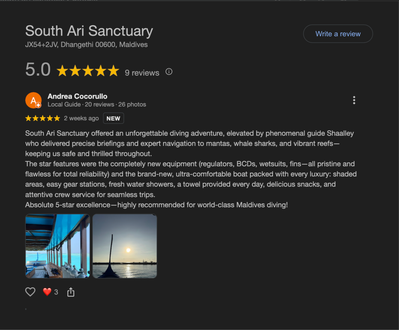 Screenshot of South Ari Sanctuary on a travel review website, showing the location in the Maldives, a 5-star rating based on 9 reviews, and two photos of the luxurious boat and sunset scene.