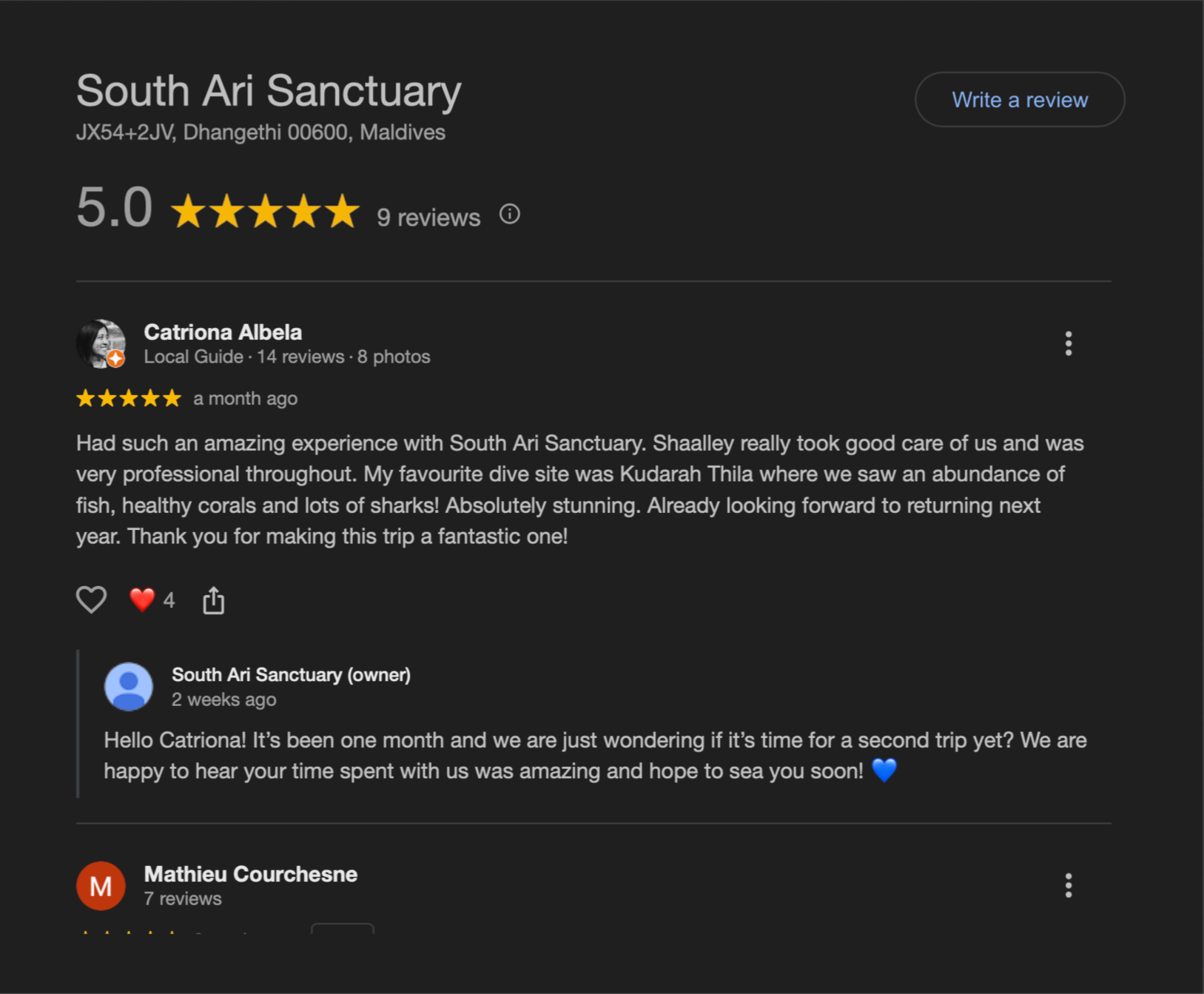 Screenshot of South Ari Sanctuary's Google reviews page, showing a five-star rating, reviews from customers, and responses from the sanctuary's owner.