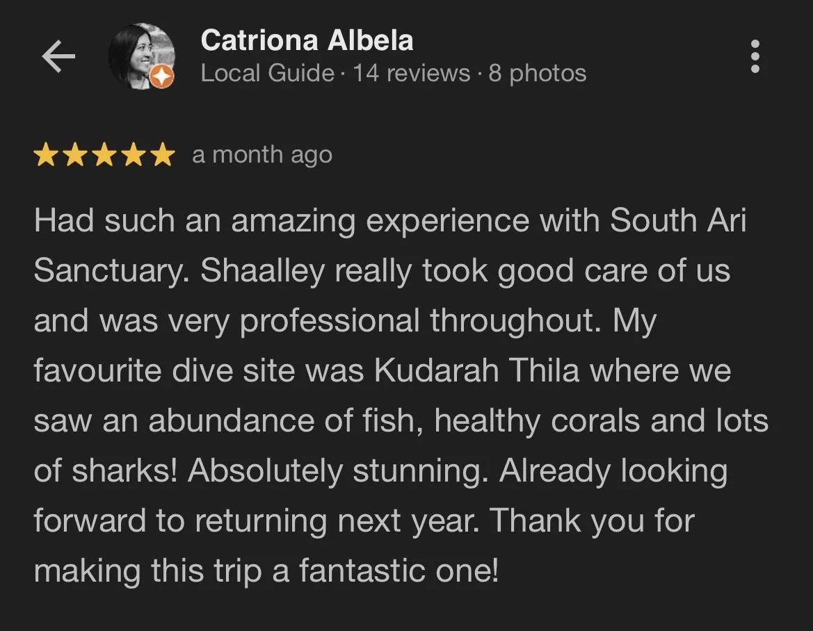 Screenshot of a Google review written by Catriona Albela praising South Ari Sanctuary for their professional care and describing a diving trip to Kudarah Thila with sightings of fish, coral, and sharks.