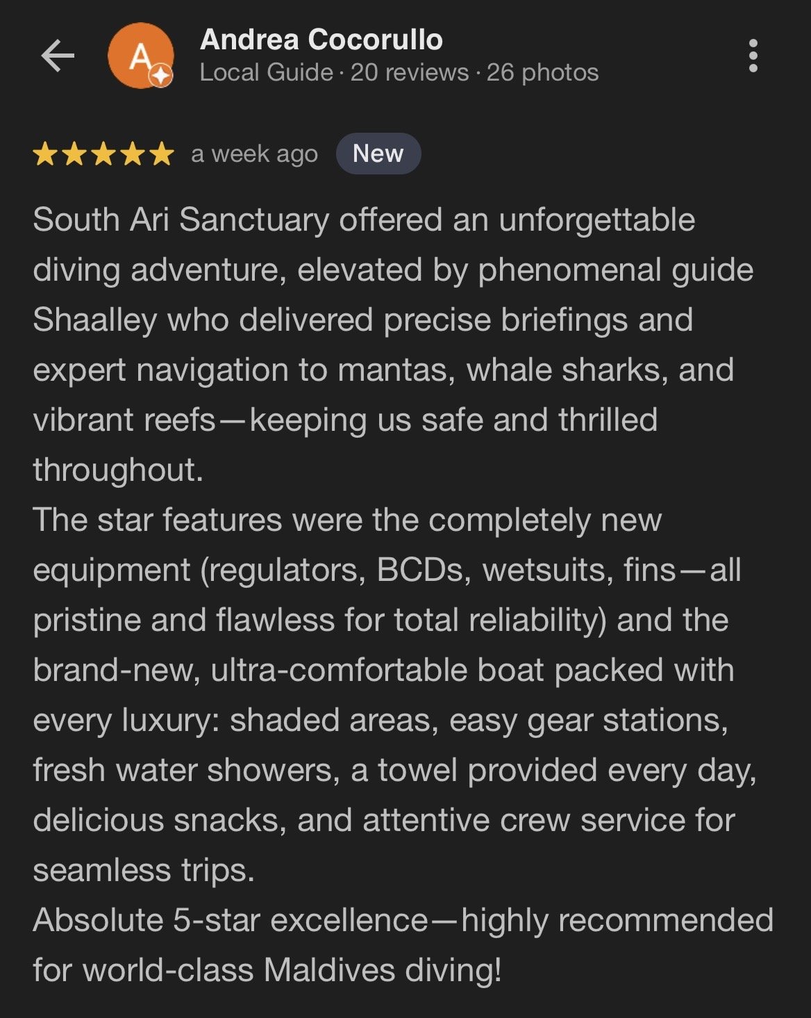 Review of South Ari Sanctuary, describing a professional diving experience with detailed amenities and expert guide, emphasizing safety and luxury.