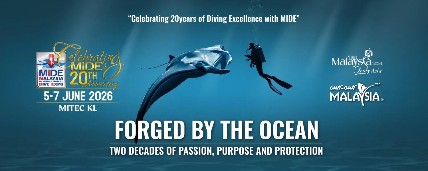 Event poster for MIDE 20th anniversary diving expo, hosted at MITEK KL June 5-7, 2026, featuring a diver swimming with a large fish, with the theme "Forged by the Ocean: Two Decades of Passion, Purpose and Protection."