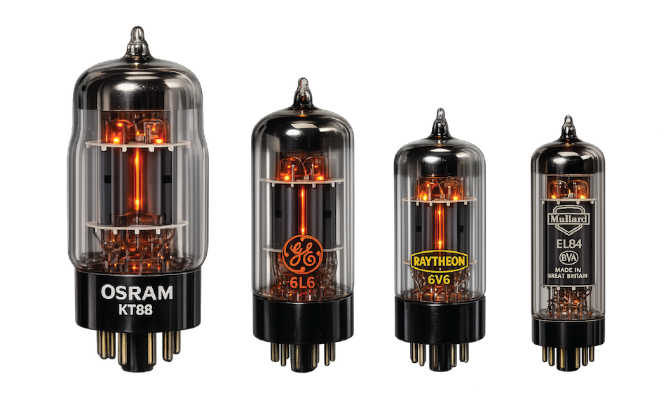 Four vintage vacuum tubes lined up, each labeled with brand names OSRAM, GE, RAYTHEON, and MULLARD, with glowing filaments inside.