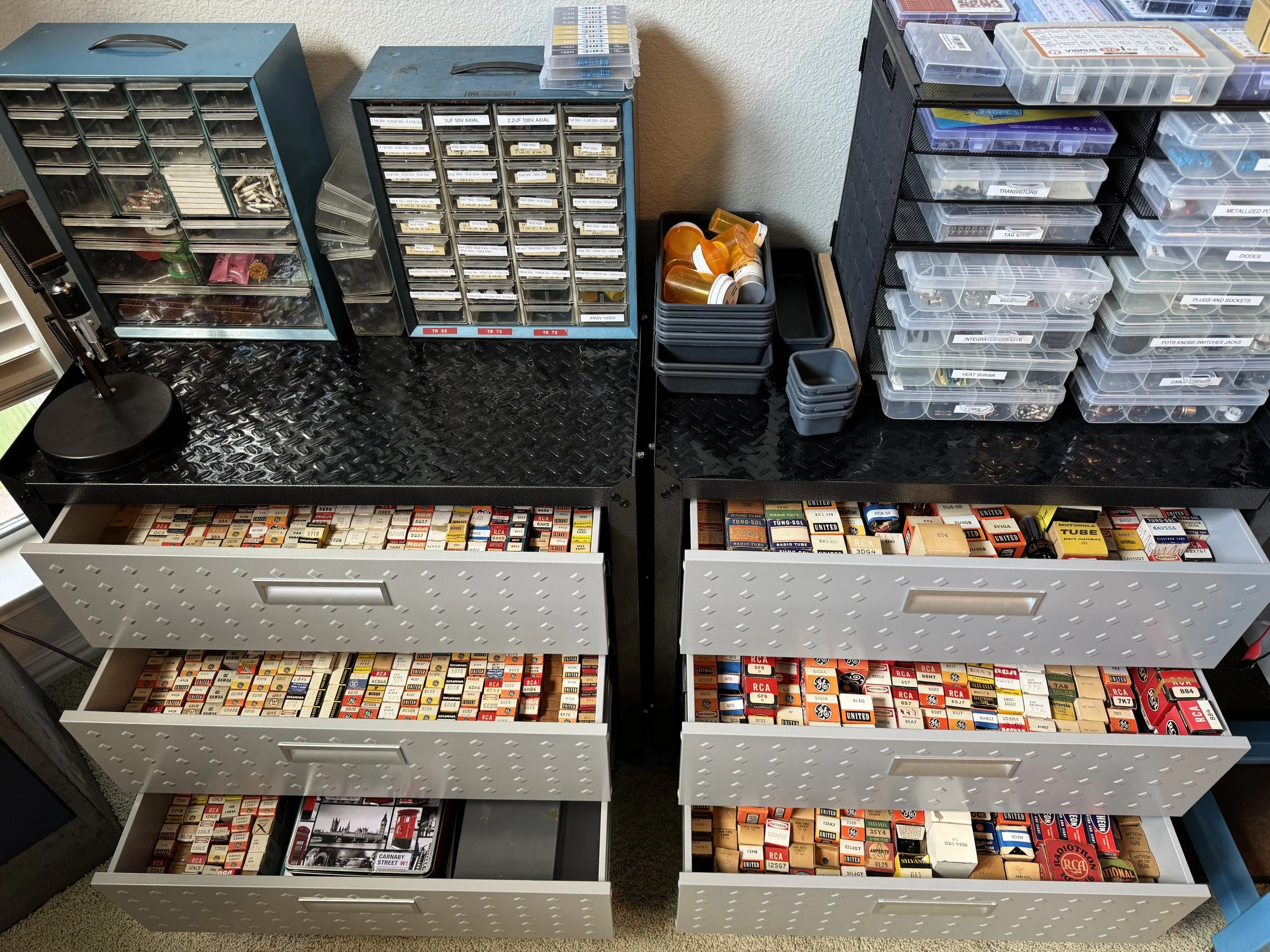 A photo of drawers full of vacuum tubes.