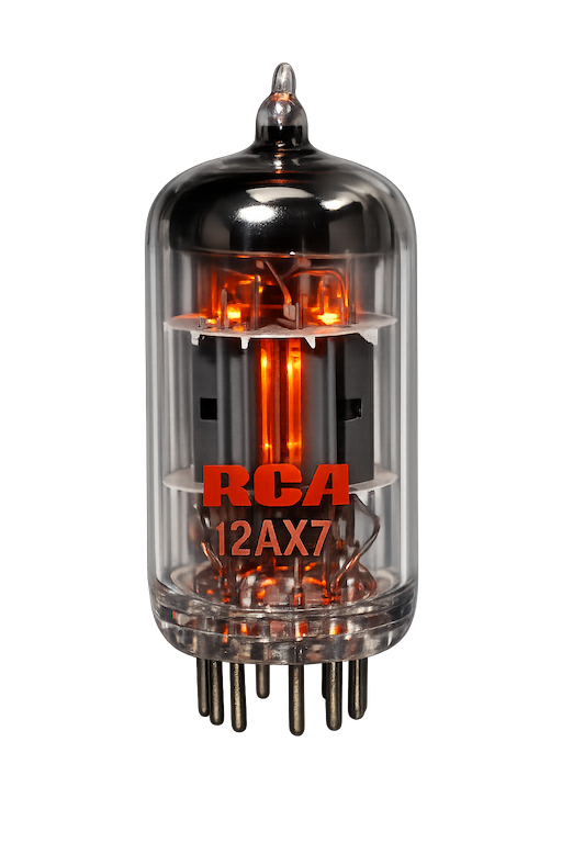 Close-up of an RCA 12AX7 vacuum tube with glowing filaments and red lettering, isolated on a black background.