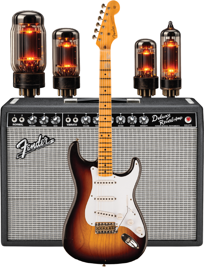 Electric guitar in front of a Fender amplifier with vacuum tubes.