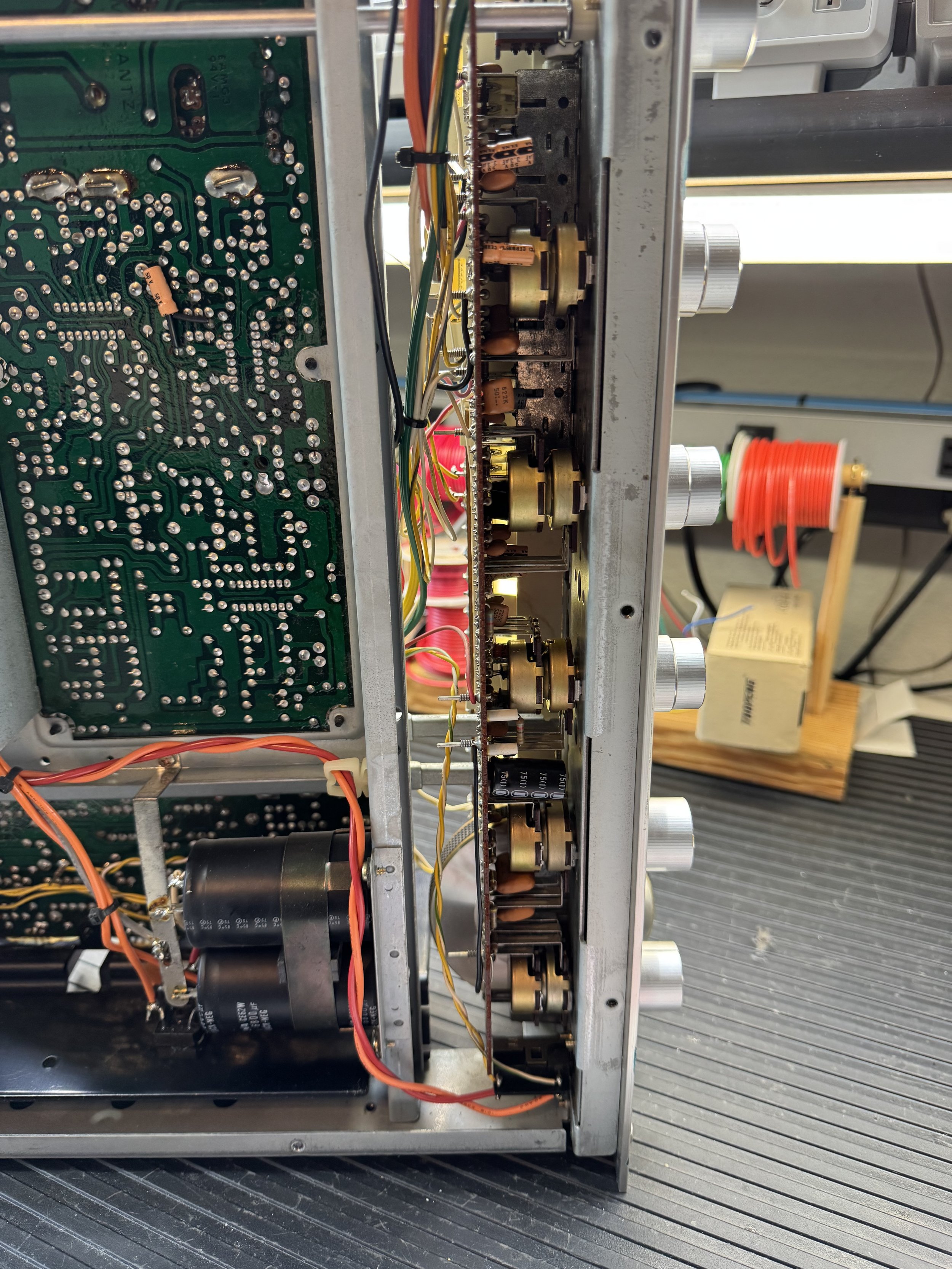 A photo showing the inside of the amp with access to pots and switches