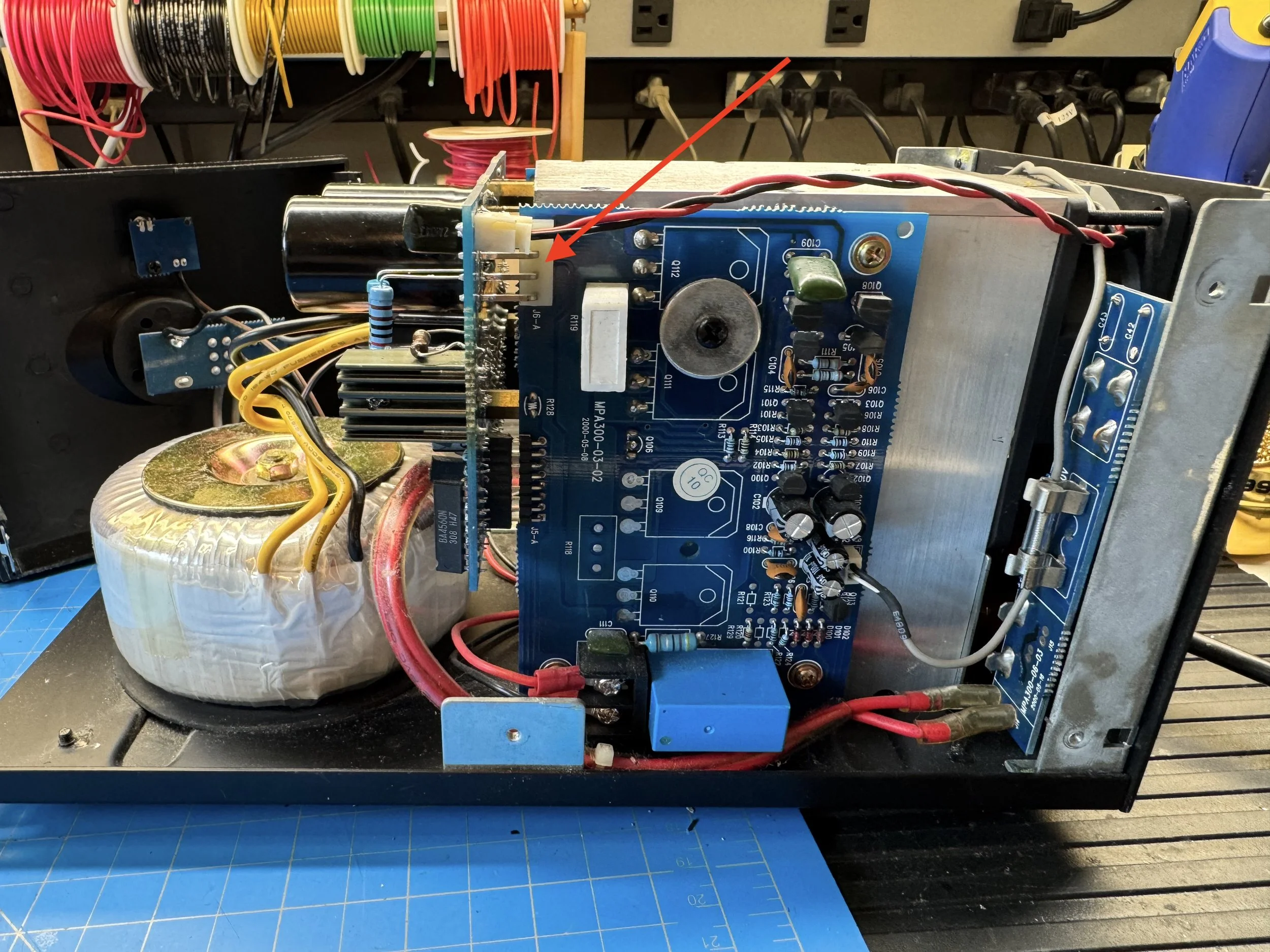 Right-channel power amplifier board in the Jamo MPA-101 showing the speaker protection relay and amplifier circuitry.