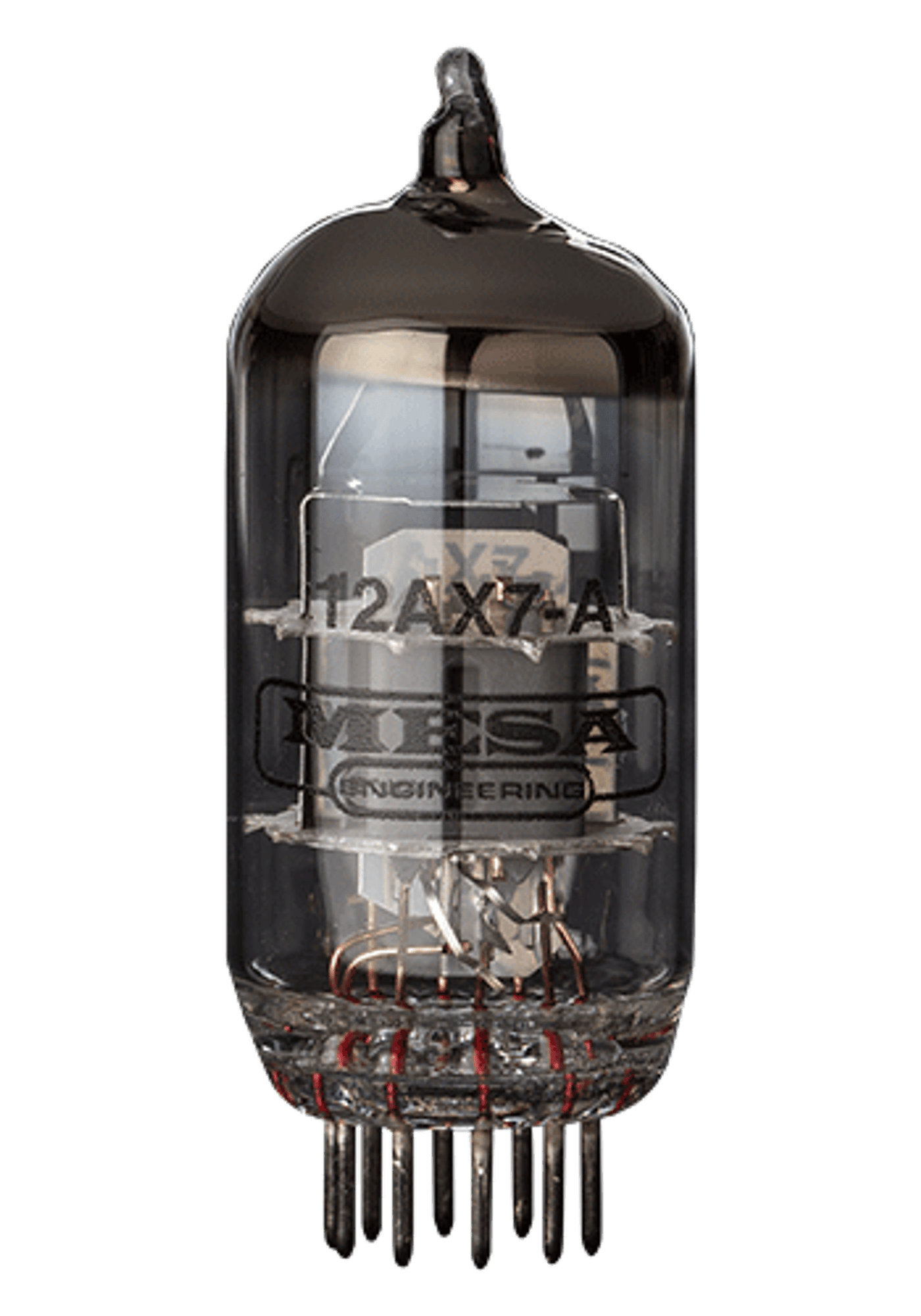 Close-up of a vintage electronic vacuum tube with visible internal components and markings.