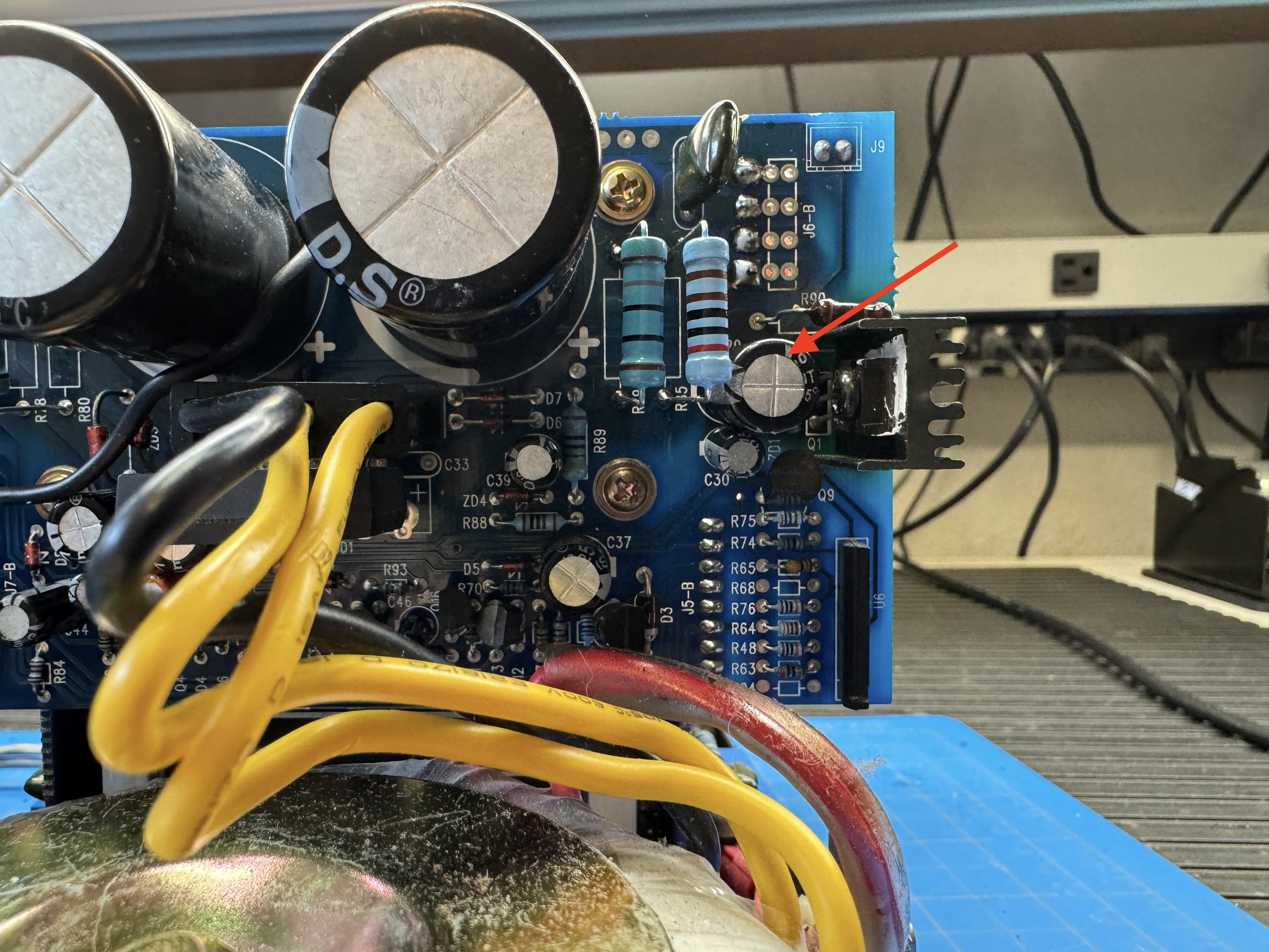 Repaired Jamo MPA-101 power supply board showing replacement resistors.