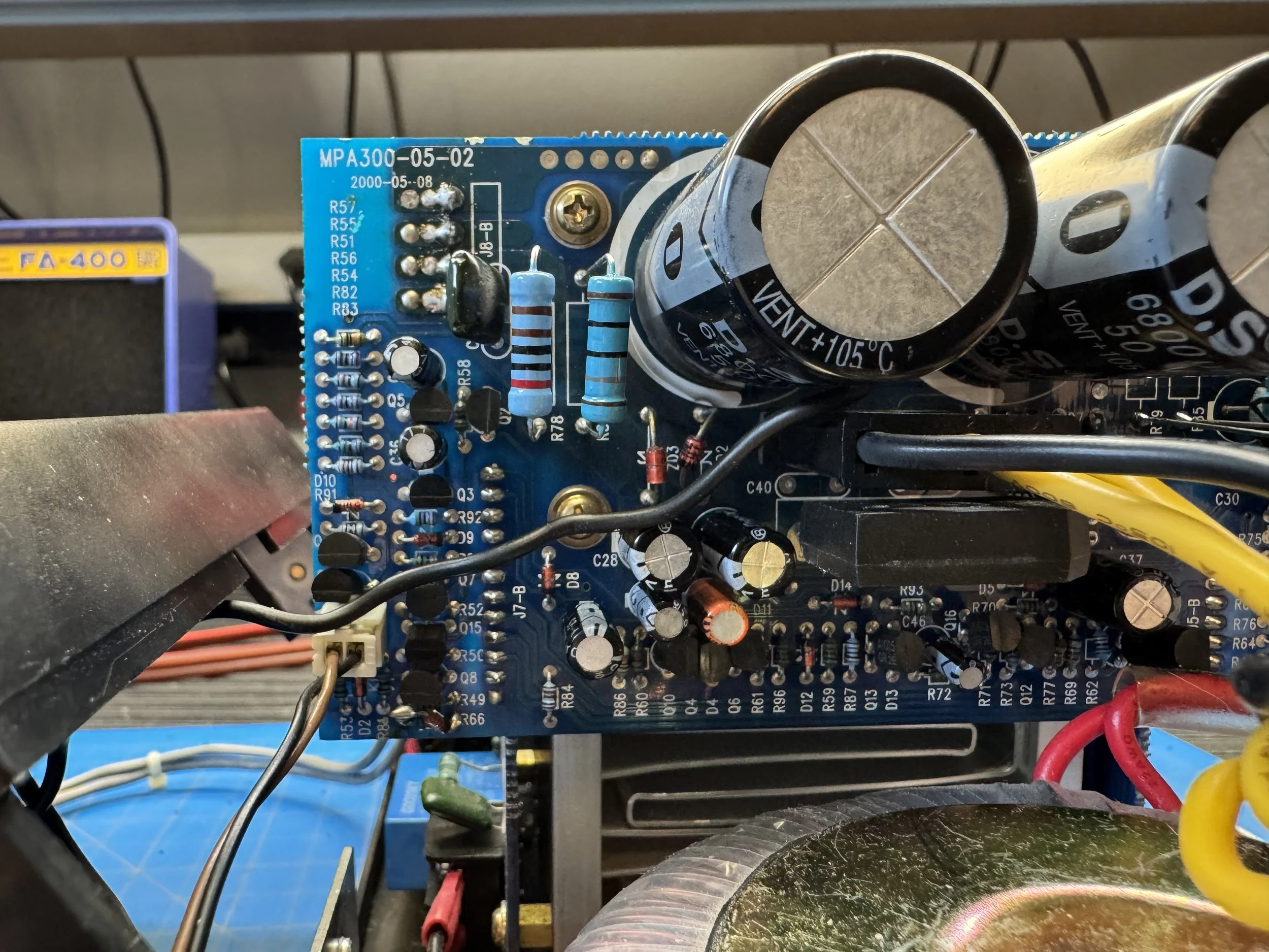 Repaired Jamo MPA-101 power supply board showing replacement capacitor C39 and the two protection circuit zener diodes.
