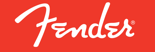 Fender logo with white cursive text on a red background.