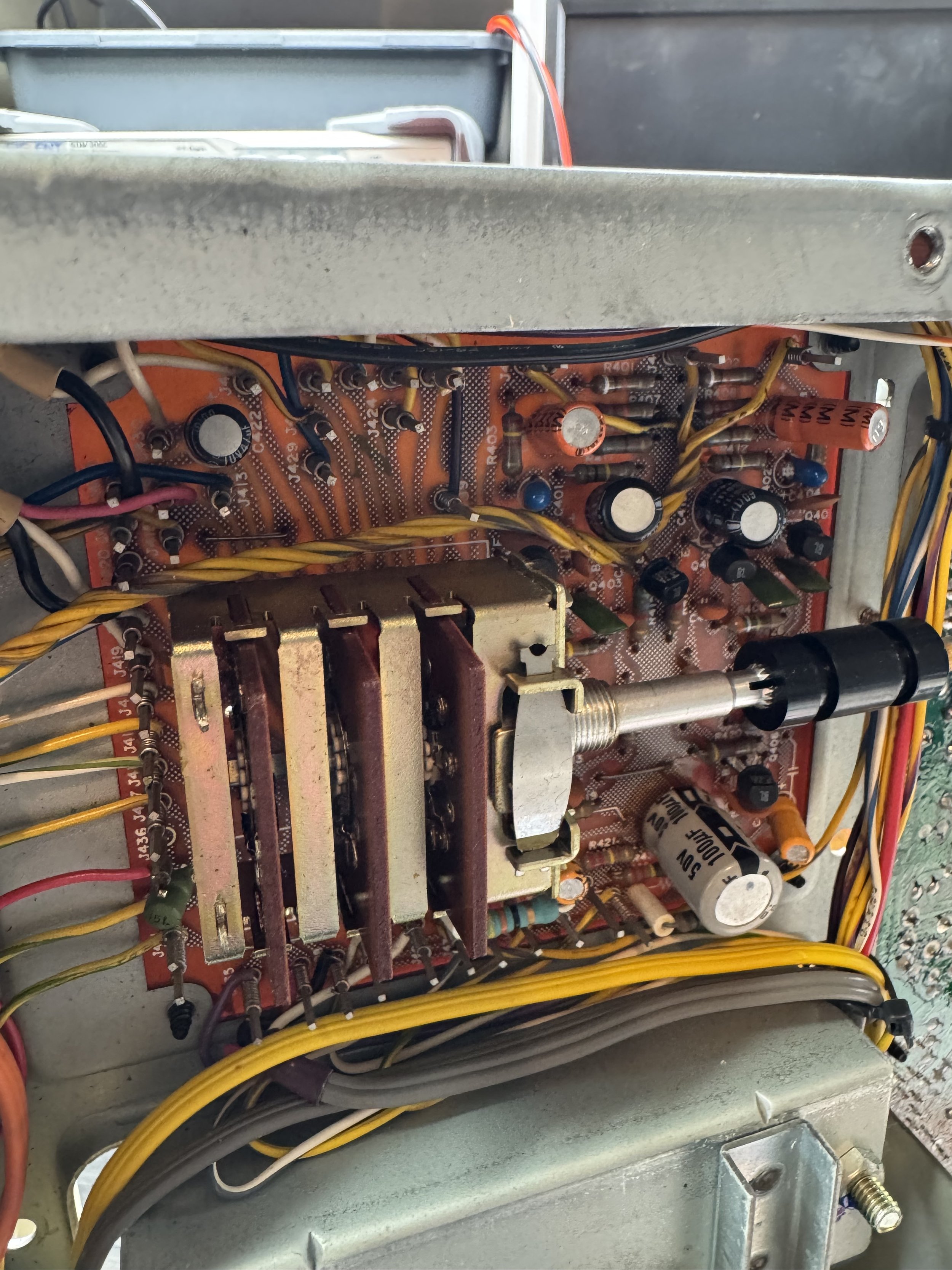 A photo inside the receiver showing the rotary source selector switch