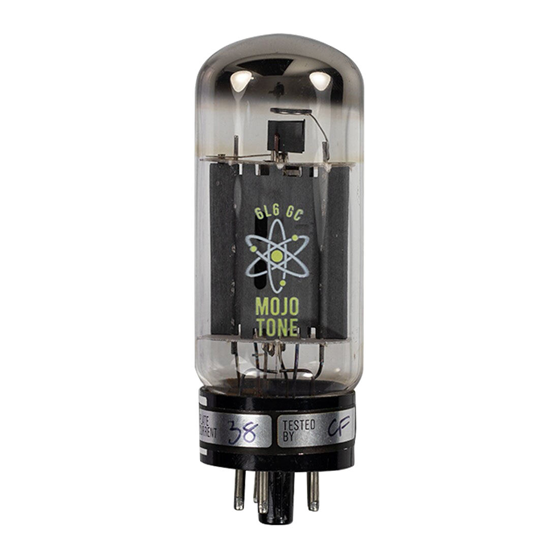 Close-up of a vintage electronic vacuum tube with visible internal components and markings.