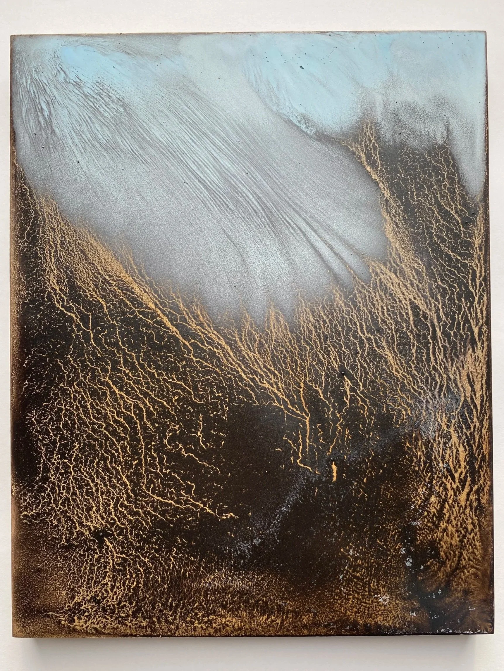 rivulet traces and mist - 2. oil on cradled panel. 25x20cms. 2026. susie david