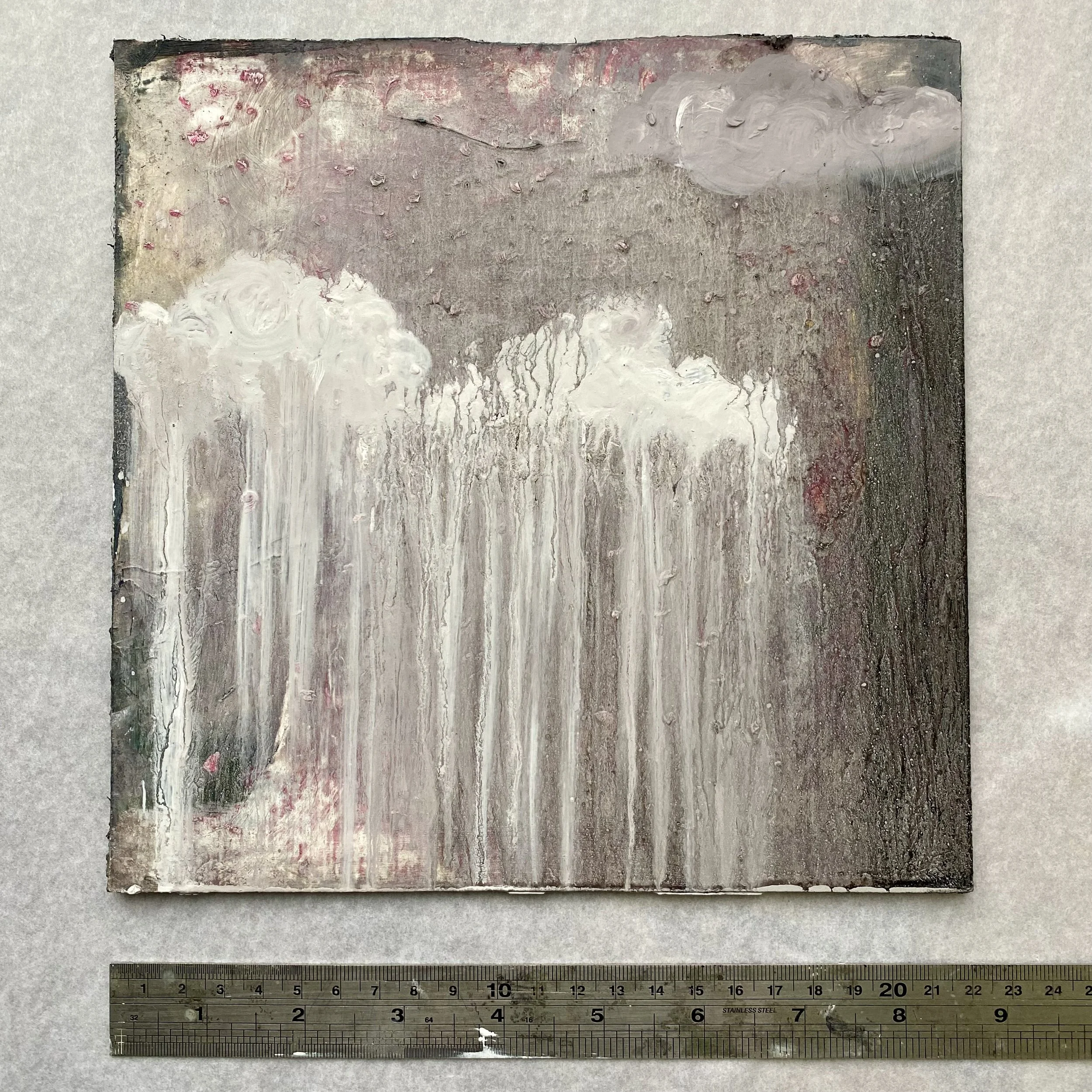 clouds raining milk + cherry blossom. Oil on panel. 2025 susie david showing size