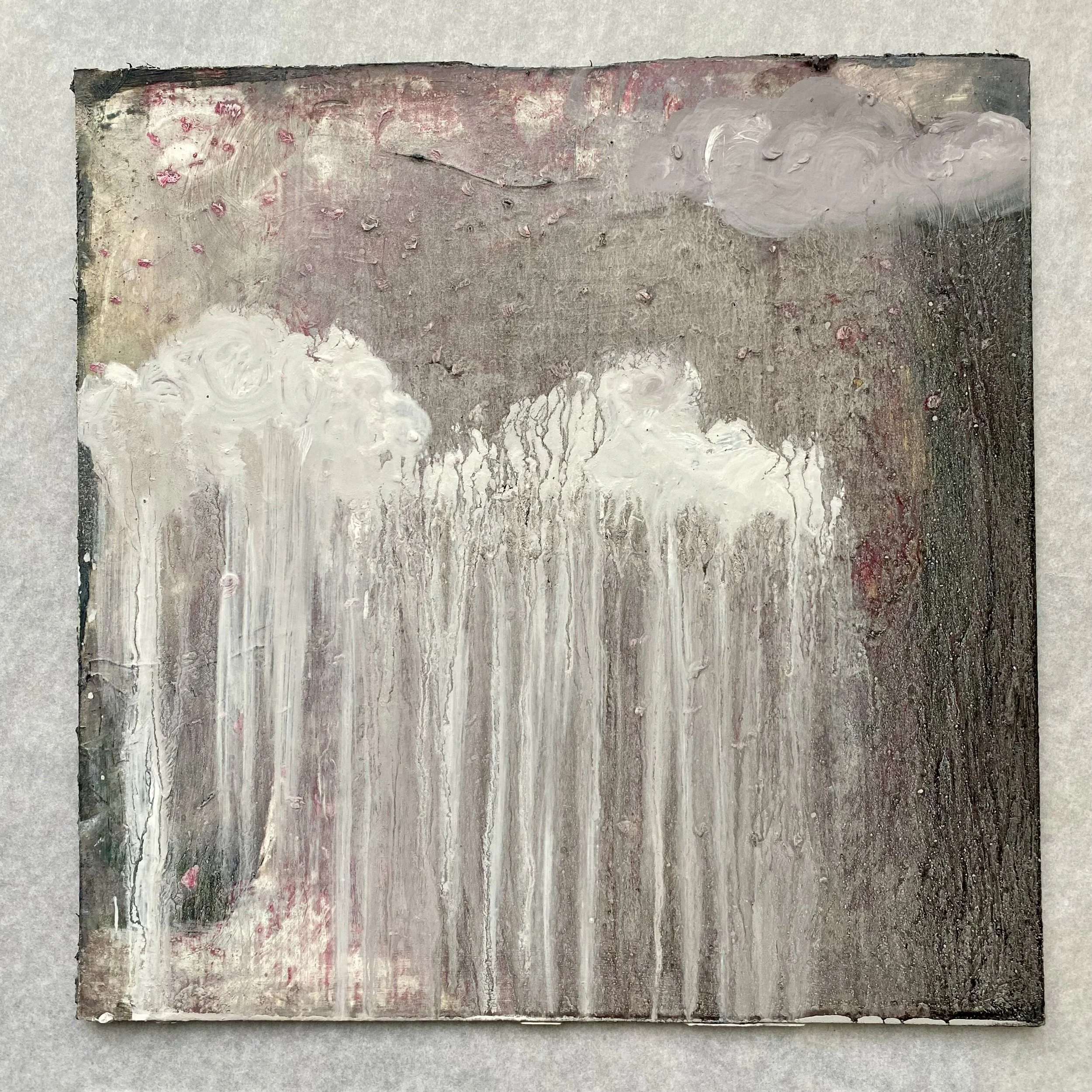 clouds raining milk + cherry blossom. Oil on panel. 2025 susie david