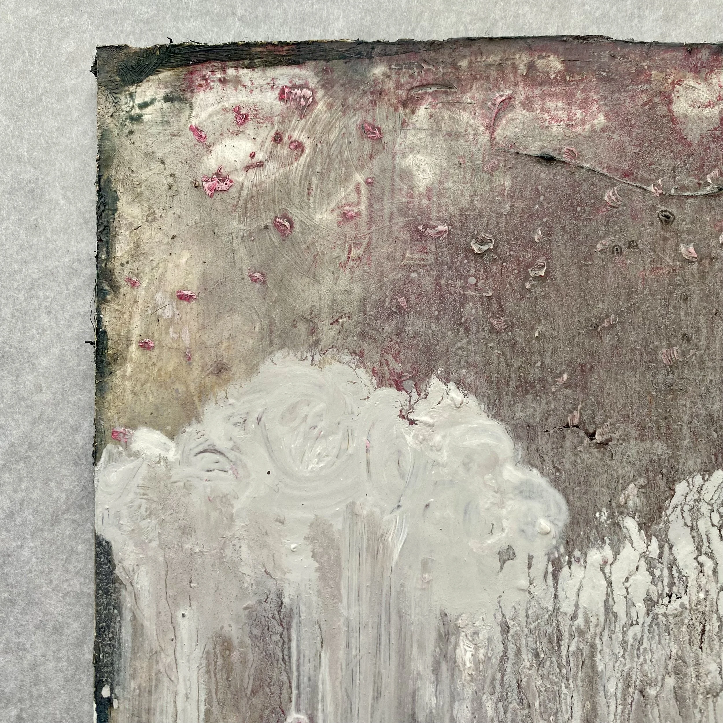 clouds raining milk + cherry blossom. Oil on panel. 2025 susie david - detail