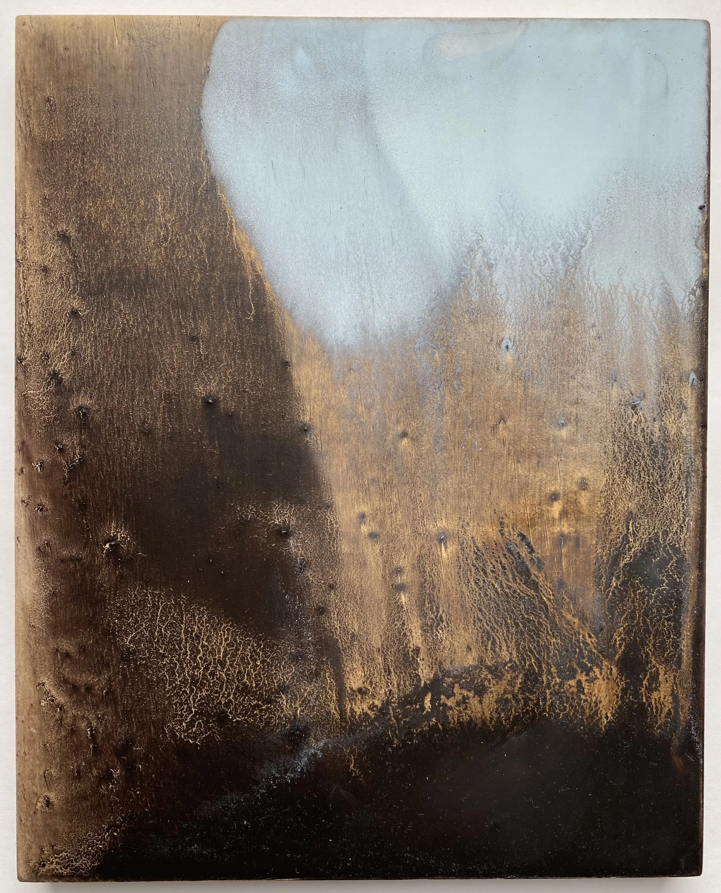 rivulet traces and mist - 1. oil on cradled panel. 25x20cms. 2026. susie david