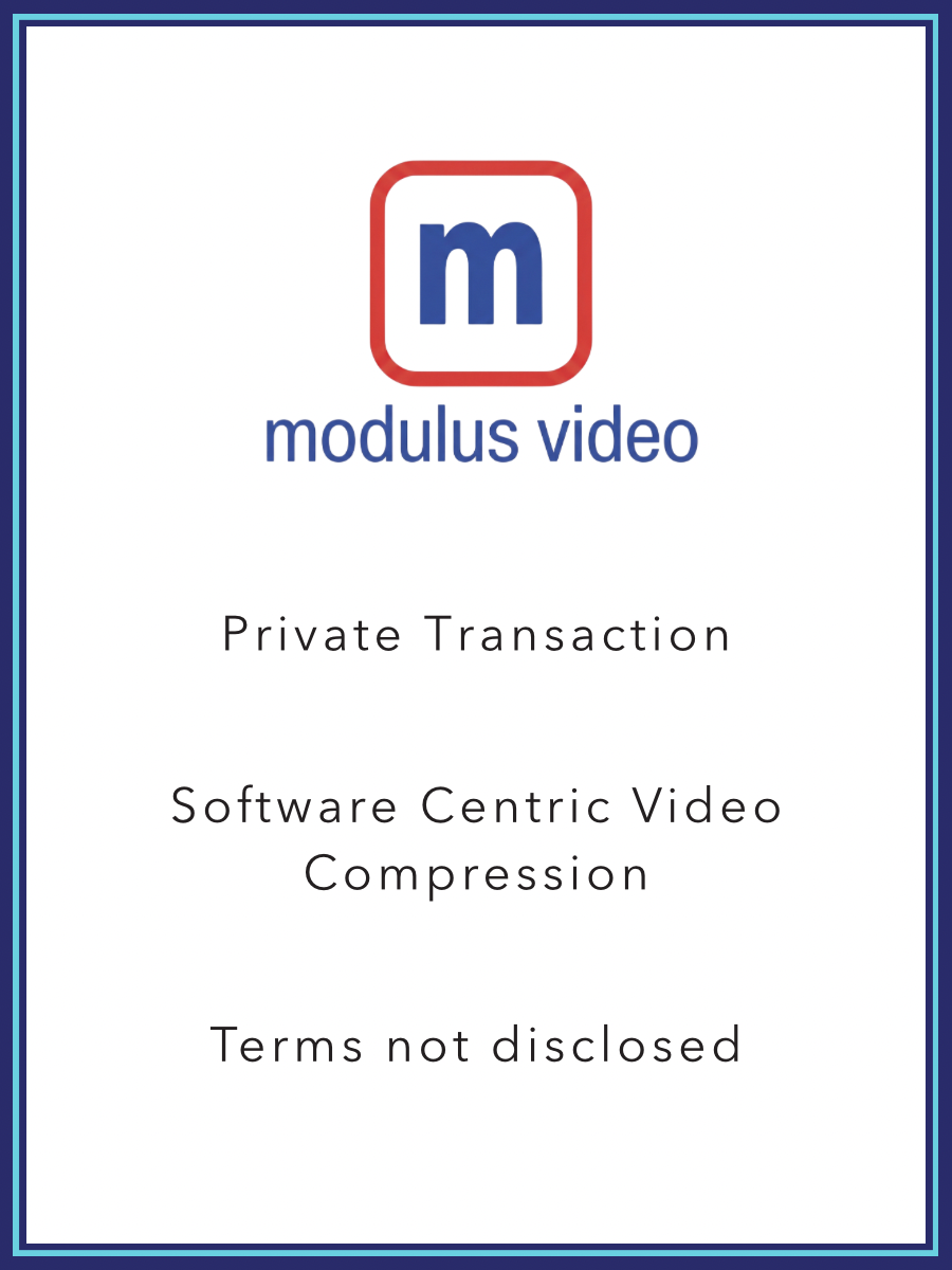 Modulus Video privacy disclaimer screen indicating private transactions, software-centric video compression, and undisclosed terms.