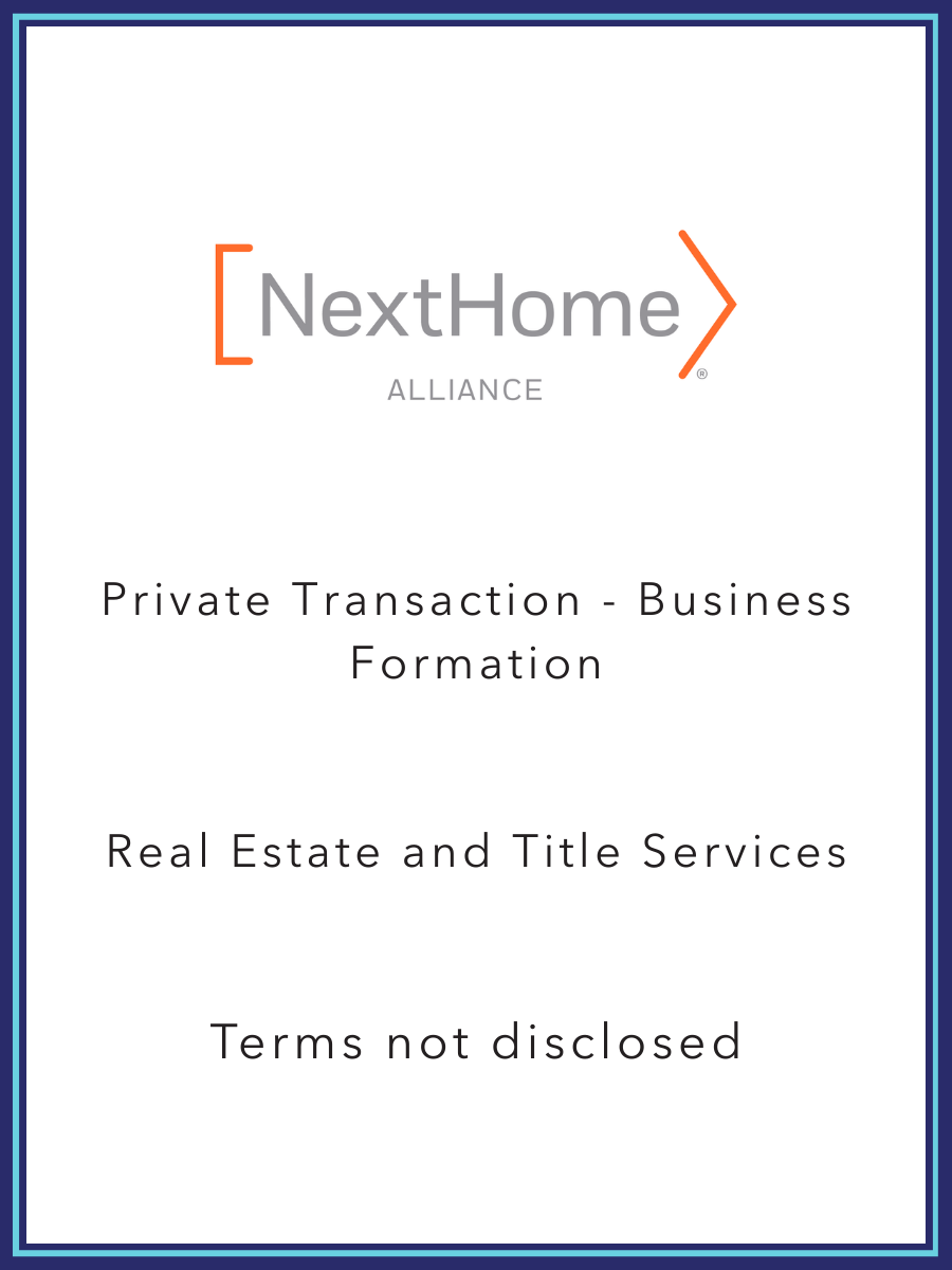 Cover page for NextHome Alliance, advertising private transaction real estate and business formation services, with a blue border and logo.