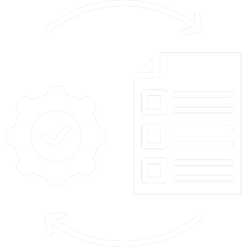Icon representing a process of task management or checklist automation, featuring a gear with a checkmark and a checklist with three items, connected by circular arrows.