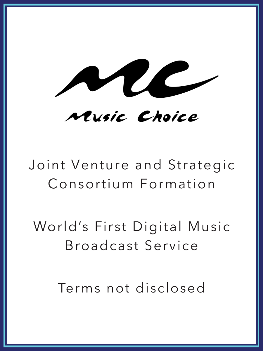 Logo with the letters 'mc' and the words 'Music Choice' below it, followed by text about a joint venture and digital music broadcast service.