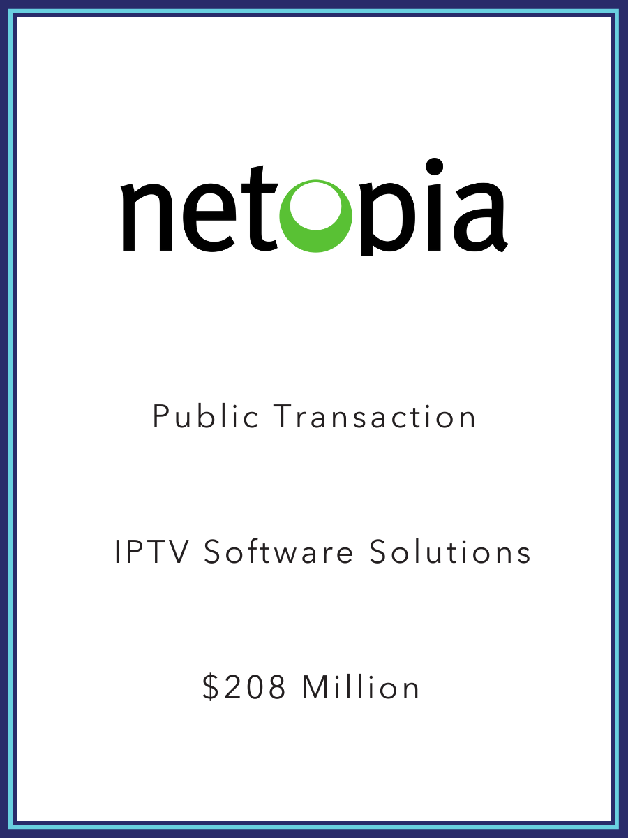Company logo for Netopia, a subtitle reading 'Public Transaction', another subtitle 'IPTV Software Solutions', and a financial figure of 208 million dollars.