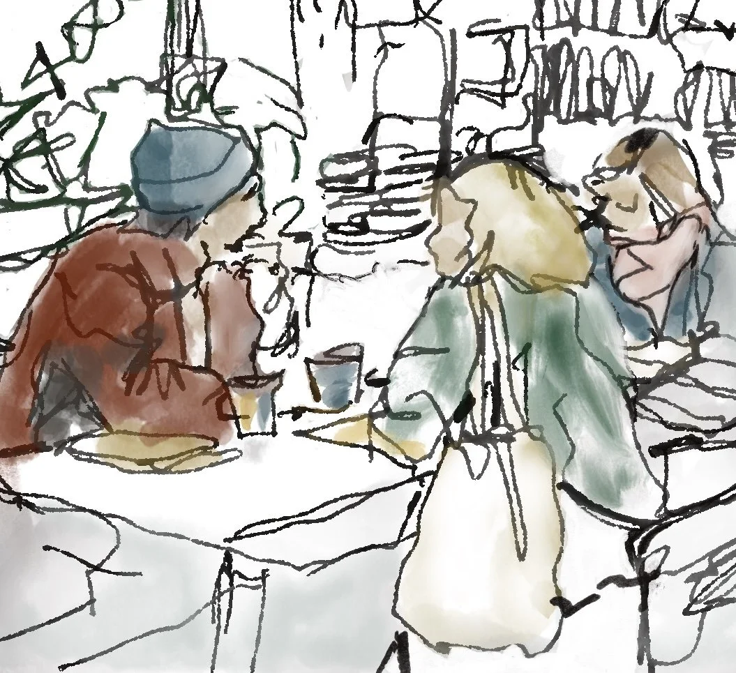 A gestural ink and watercolour illustration of people seated together in a busy café or meeting space — figures rendered in loose, energetic line with washes of terracotta, teal, and ochre, caught mid-conversation in a bustling, layered scene.