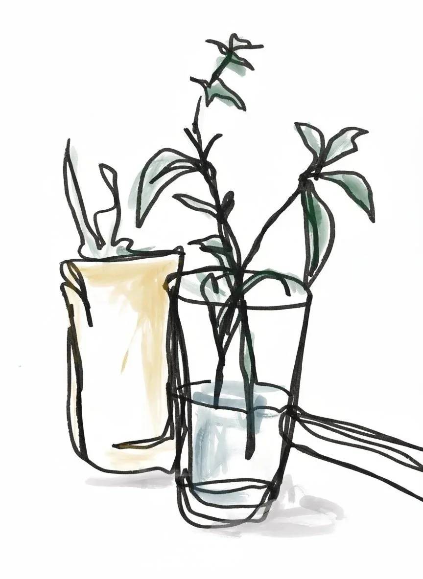 A hand-drawn illustration of two glass vessels holding leafy plant cuttings — loose, gestural line work with soft watercolour washes in green and cream.