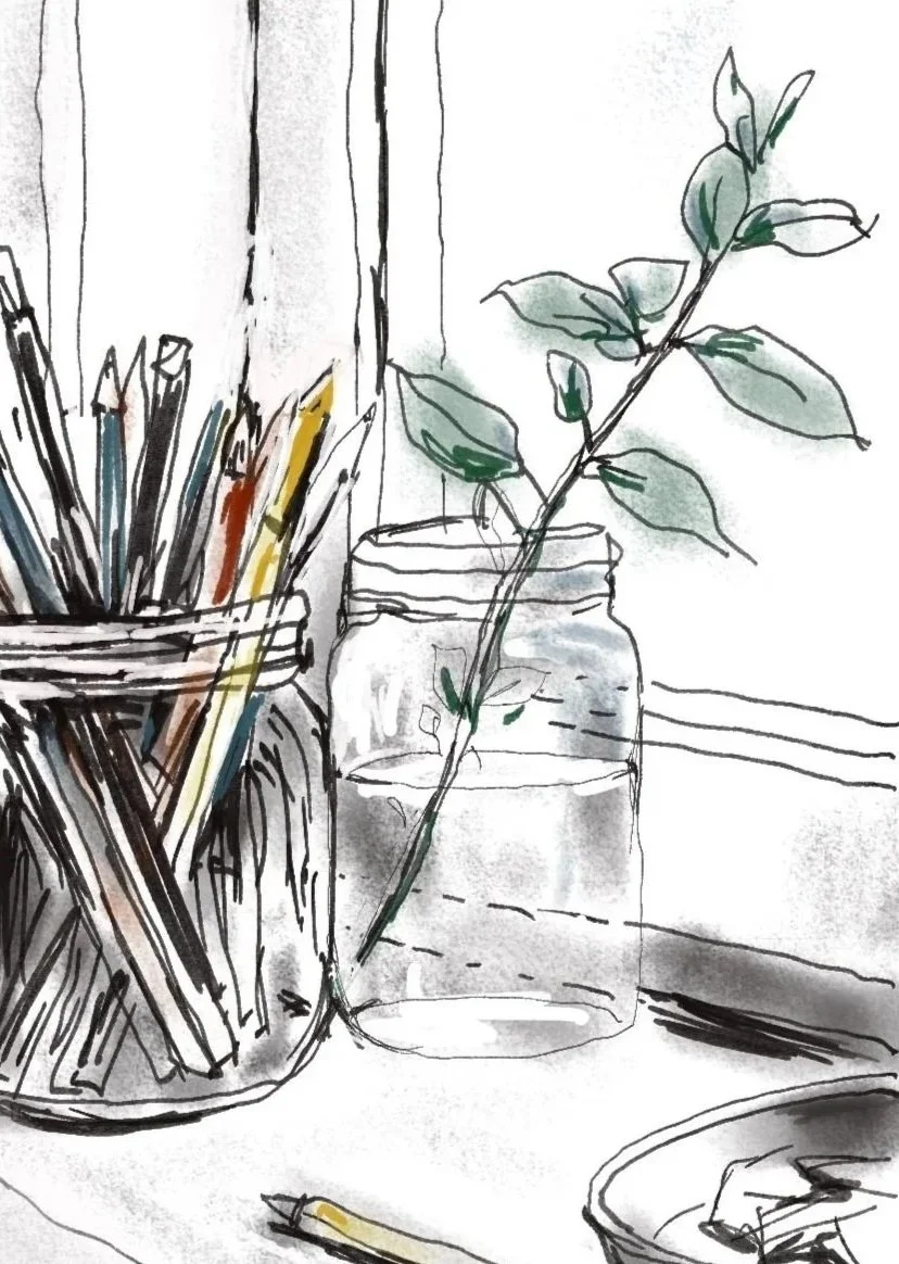 A hand-drawn illustration of two glass jars on a desk — one densely packed with pencils and drawing tools, the other holding a single leafy stem — sketched in loose ink line with light, airy watercolour washes in sage green and warm ochre