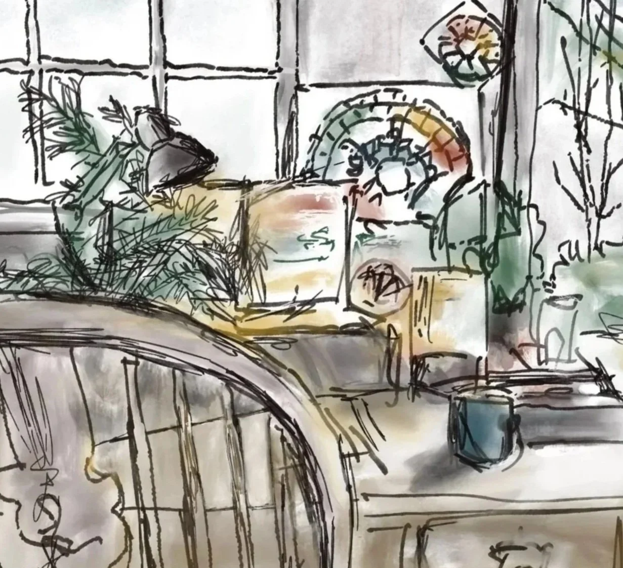 A hand-drawn illustration of a cluttered, characterful desk seen from behind a chair — plants crowding a window, painters colour wheels, small vessels and a blue mug, sketched in loose ink line with warm watercolour washes in ochre, sage, and grey.