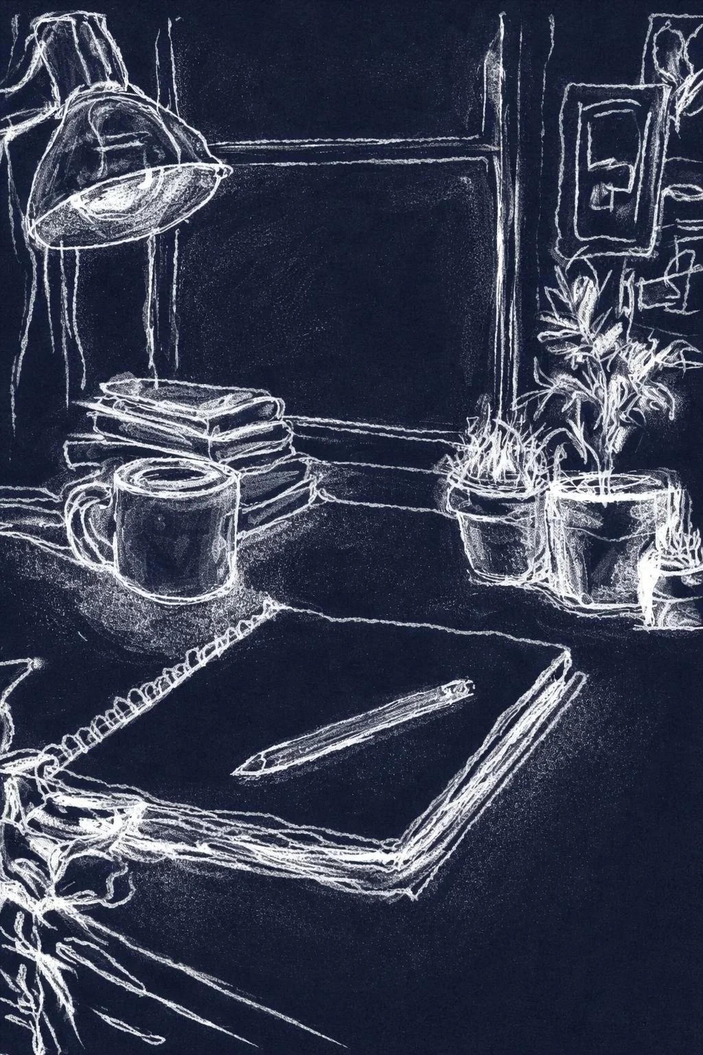 A sketch of a desk with a notebook, pen, mug, stacked books, a desk lamp, and potted plants, with a window and framed art in the background.