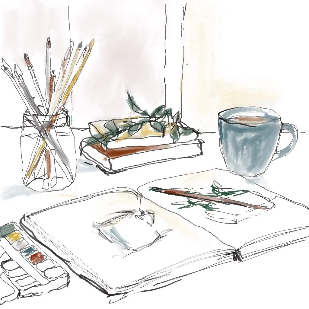 A hand-drawn illustration of a creative desk scene -- an open sketchbook with a paintbrush resting across it, a jar of brushes, a watercolour paint palette, stacked books with a small green branch and a teal mug sketched in loose ink line