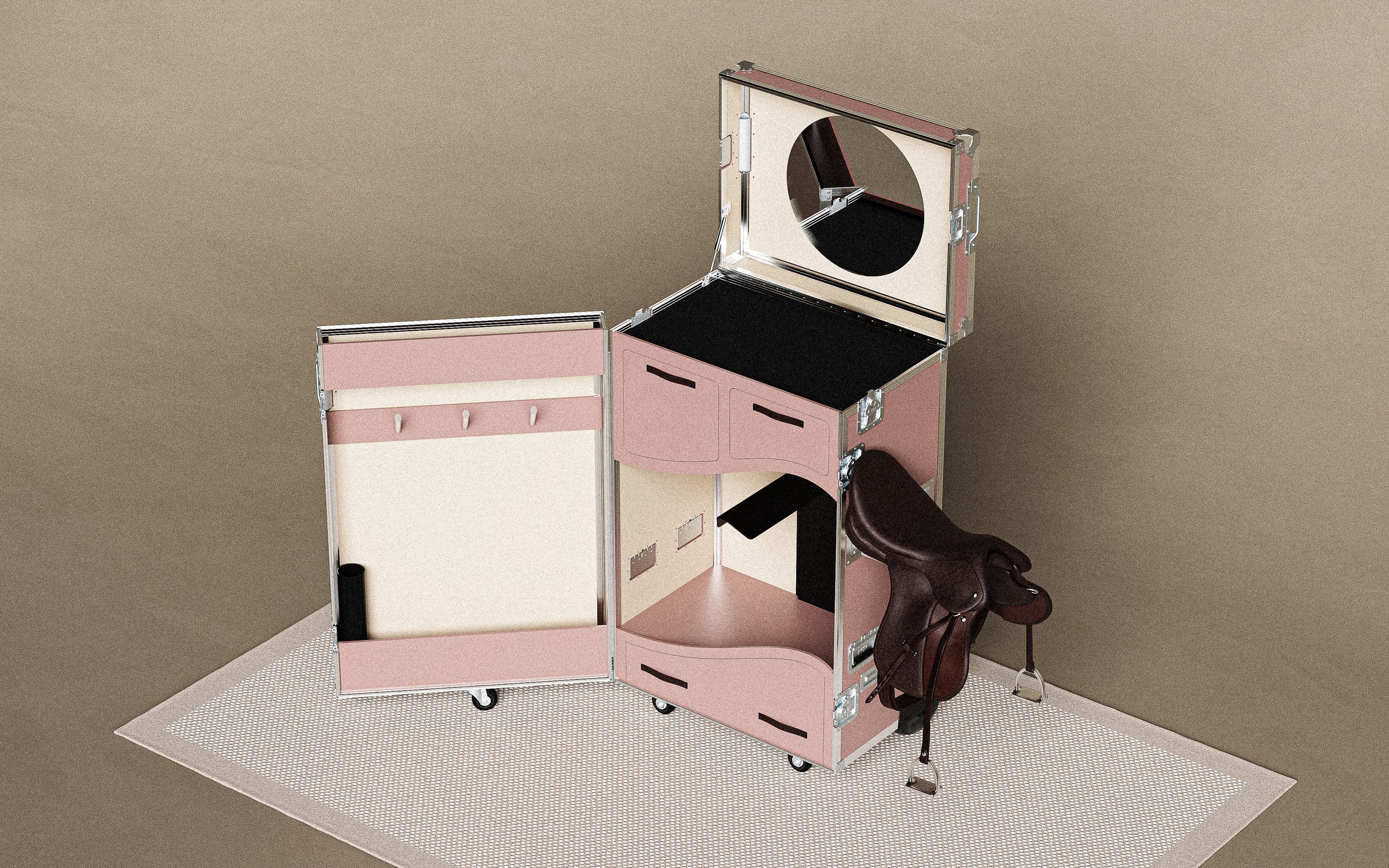 A pink and white portable golf cart with compartments, an attached mirror, and a brown golf bag with clubs inside.