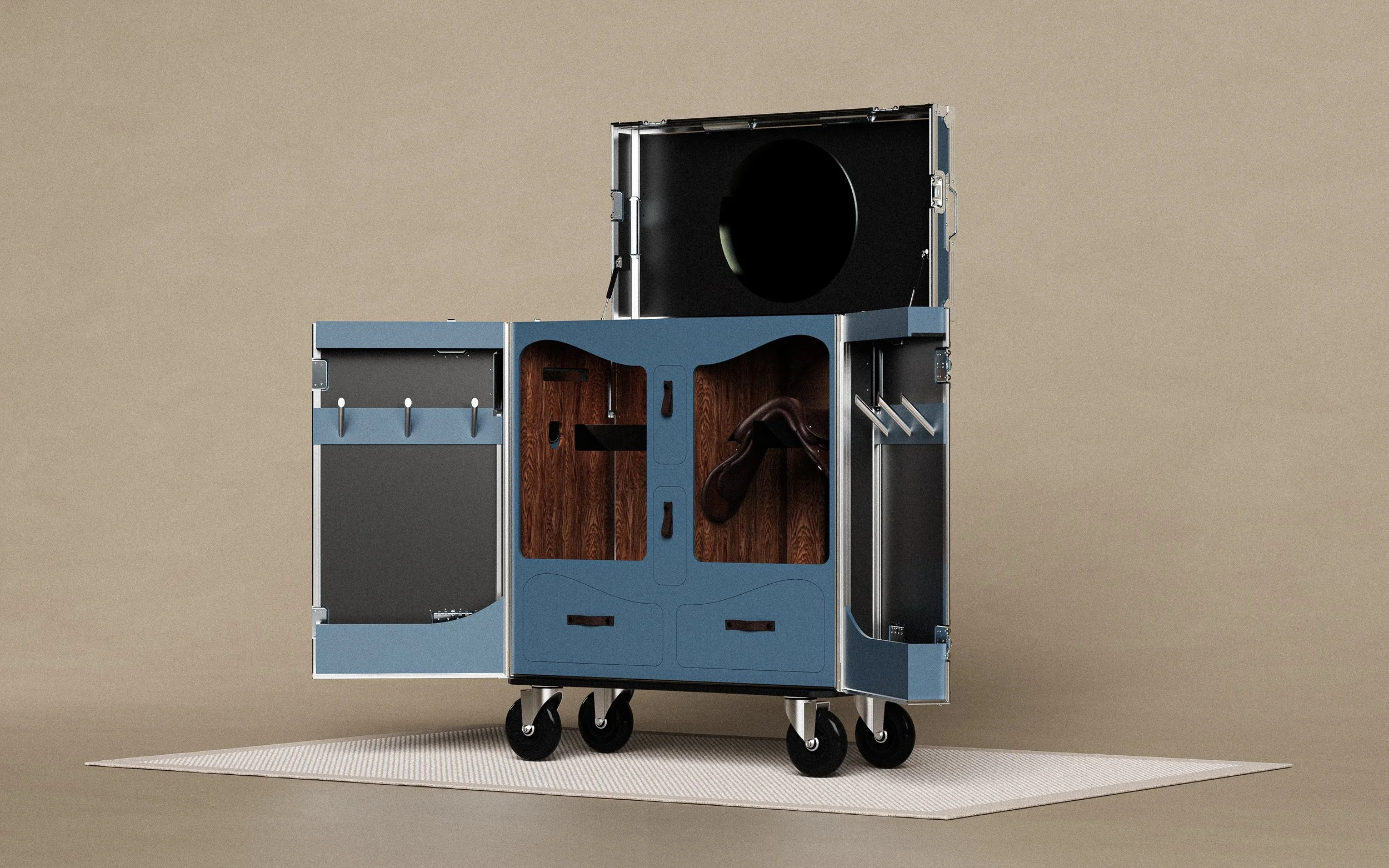 Premium Tack locker by Holson cases featuring double saddle holder, accessory hooks, mirror and worktop for phone, keys and grooming accessories.