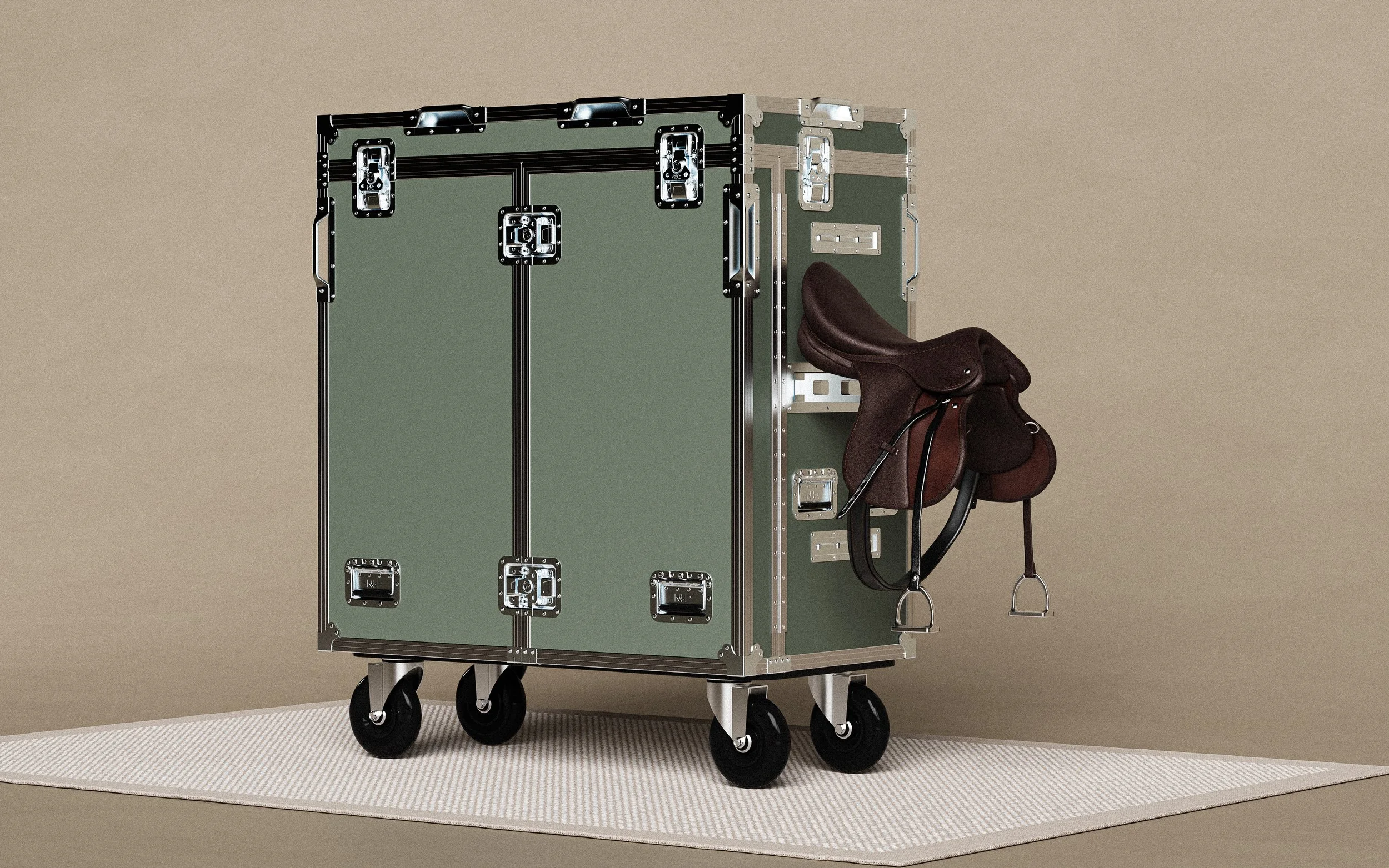 Luxury equine locker for saddle and bridle storage, shown being closed with an additional saddle hook on the side.