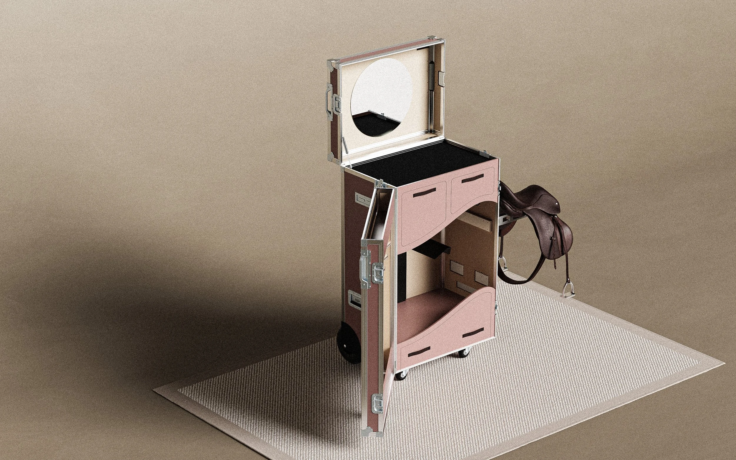 A pink and beige mobile storage cart with a mirror and compartments, and a brown saddle riding helmet hanging on the side.