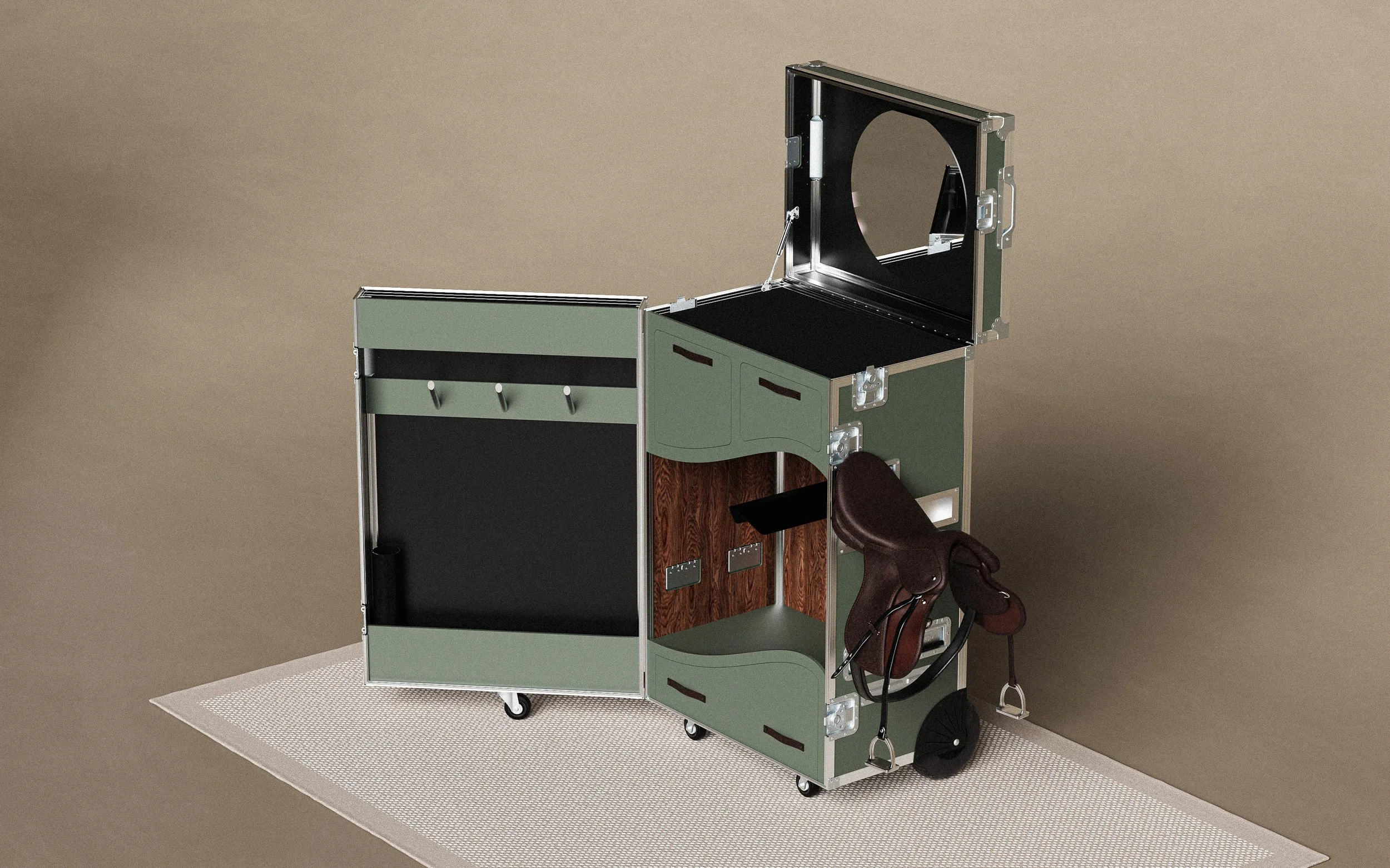 A portable golf bag storage cart with various compartments and hooks, on a beige mat against a plain beige background.