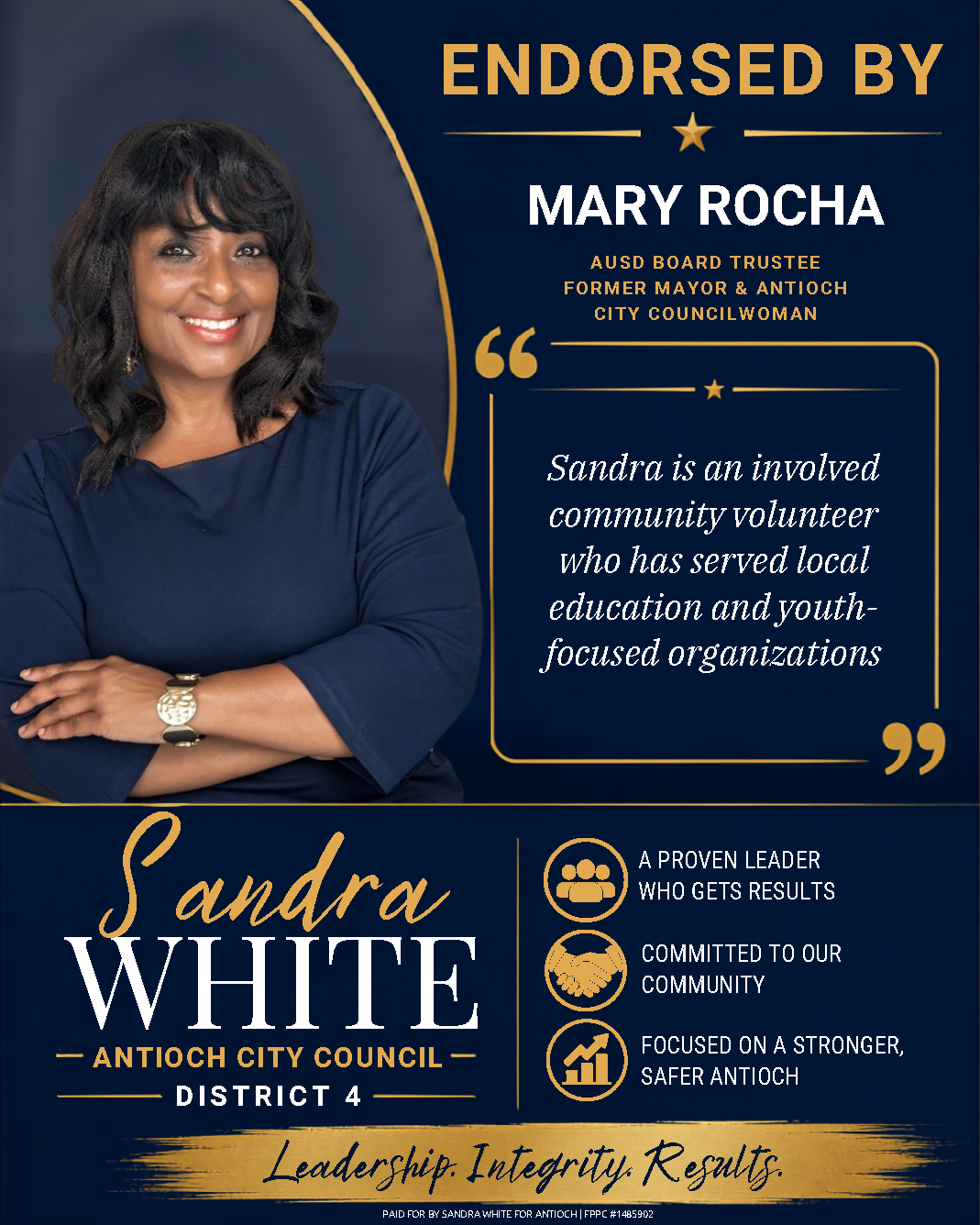 Campaign endorsement for Sandra White by AUSD Board Trustee, Former Mayor & Antioch Councilwoman, Mary Rocha. "Sandra is an involved community volunteer who has served local education & youth focused organizations.
