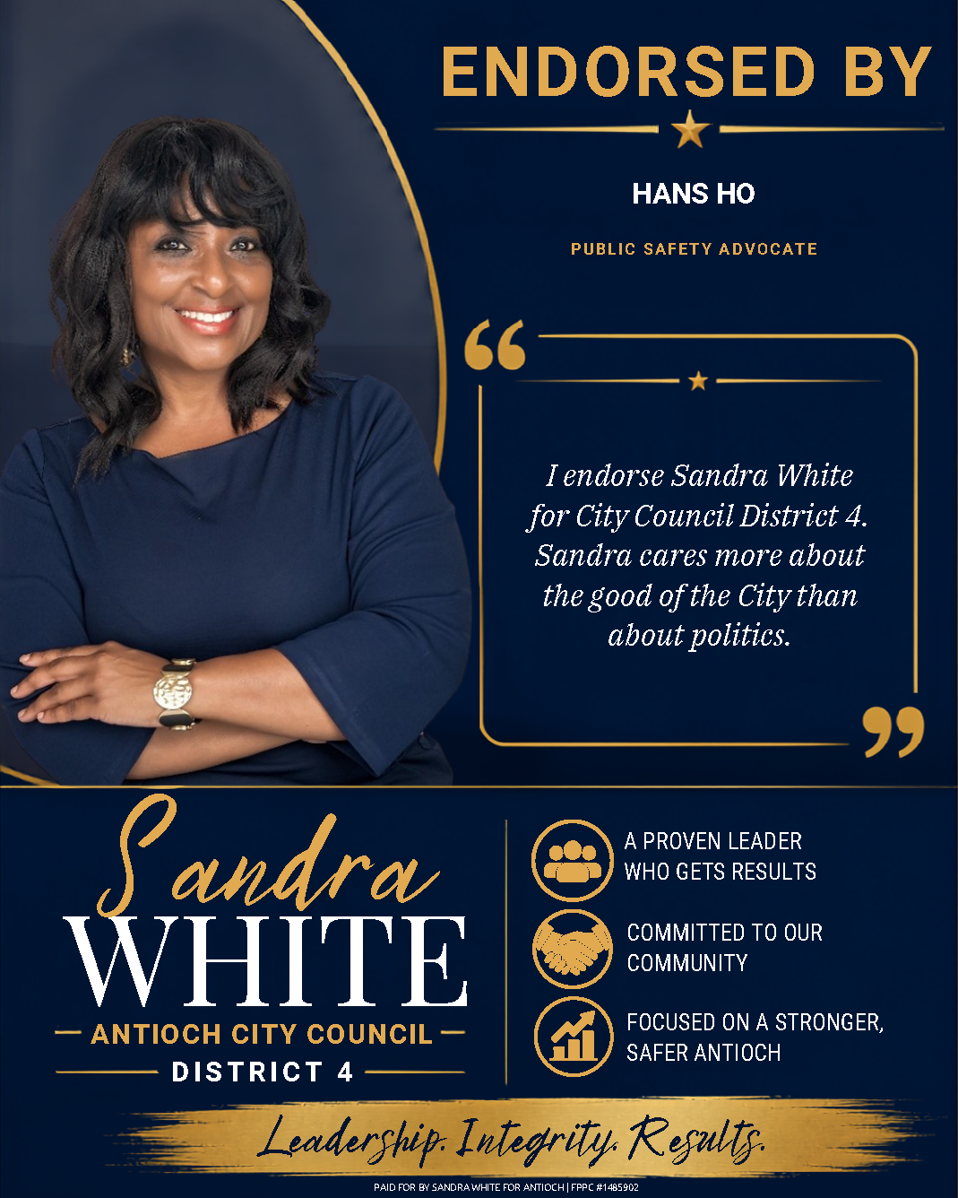 Campaign endorsement for Sandra White by public safety advocate, Hans Ho. "Sandra cares more about the City than about politics."