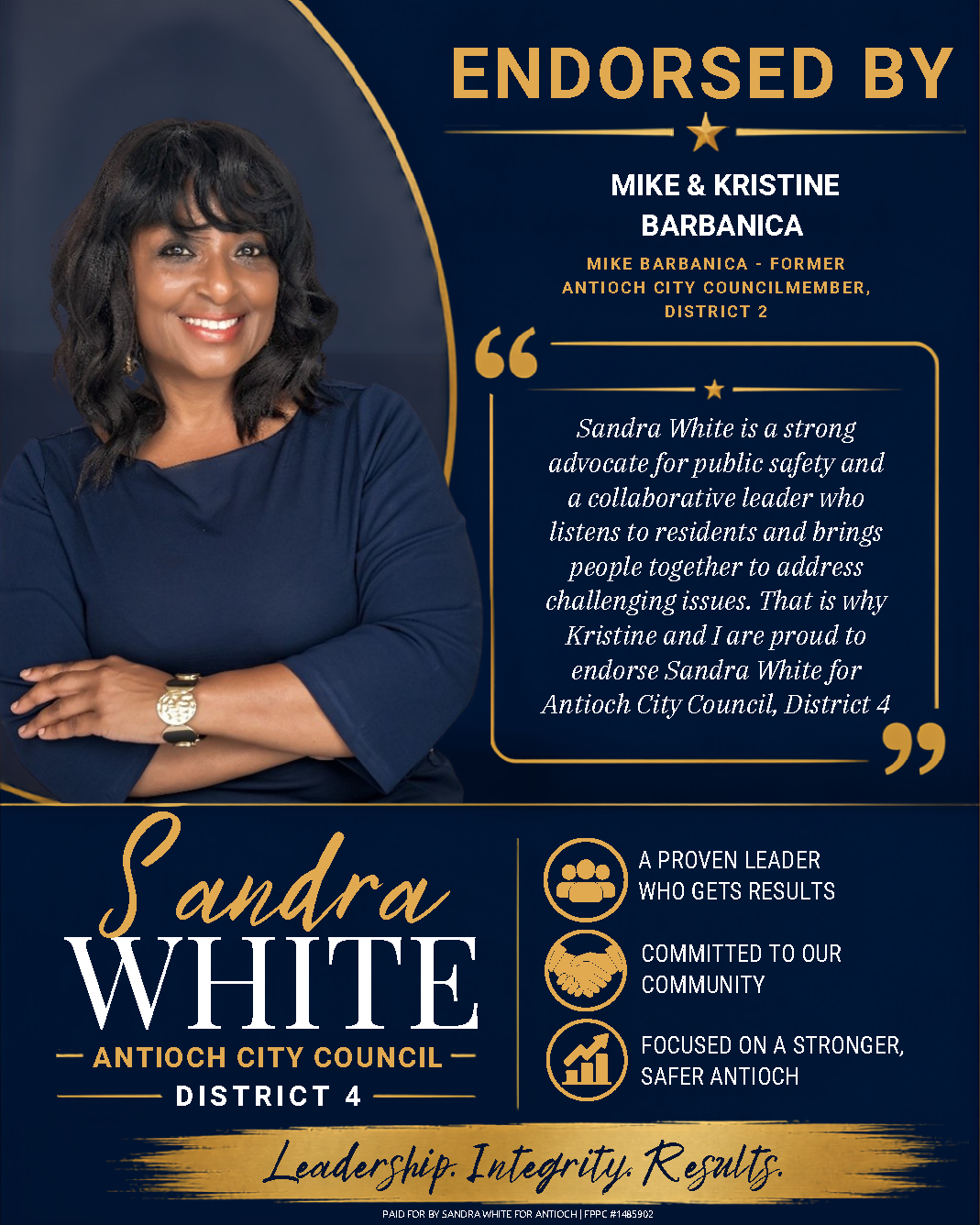 Campaign endorsement for Sandra White by Mike & Kristine Barbarica, Mike is Former Antioch Council Member. "Sandra White is a strong advocate for public safety and a collaborative leader who listens to residents and brings people together..."