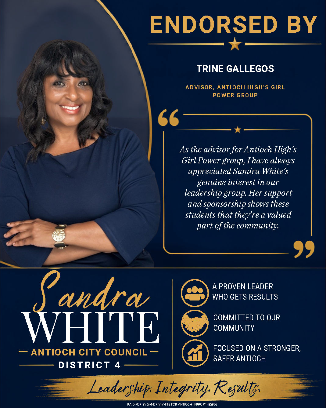 Campaign endorsement for Sandra White by Trine Gallegos, Advisor, AHS Girl Power Group. "I appreciate Sandra's genuine interest in our leadership group. Her support and sponsorship shows...students that they're a valued part of the community."