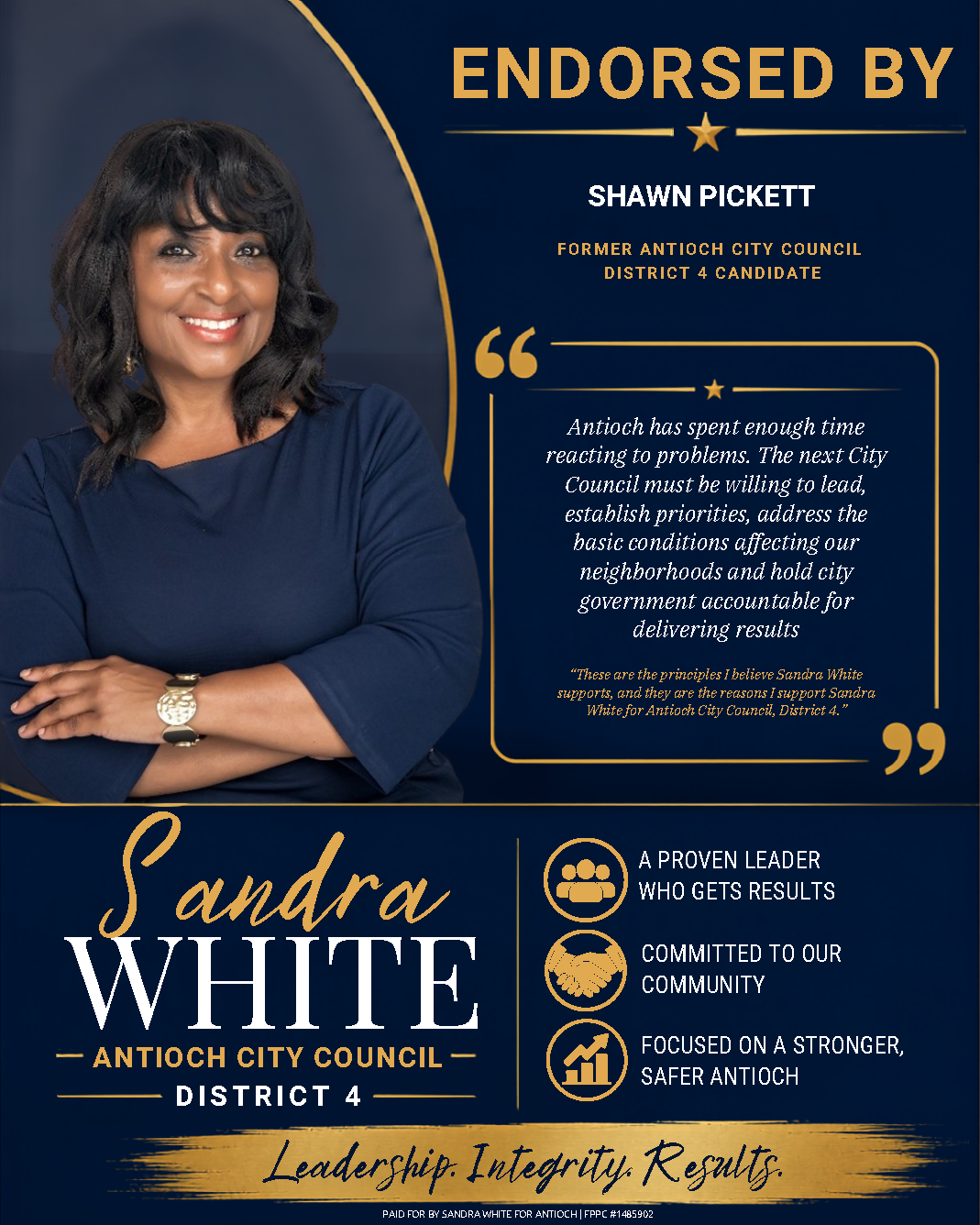 Campaign endorsement for Sandra White by Shawn Pickett, Former Council District 4 Candidate. "The next city council must be willing to lead, establish priorities...and hold city government accountable for delivering results. I support Sandra White."