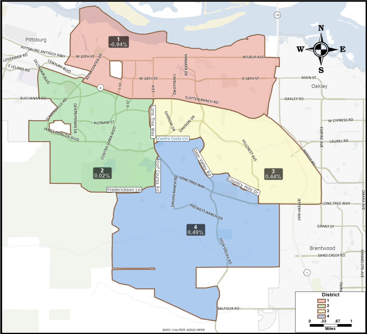 Antioch City Council Map showing Antioch divided into four distinct regions labeled 1 to 4 with respective demographic statistics, surrounding streets, and a north-pointing compass.